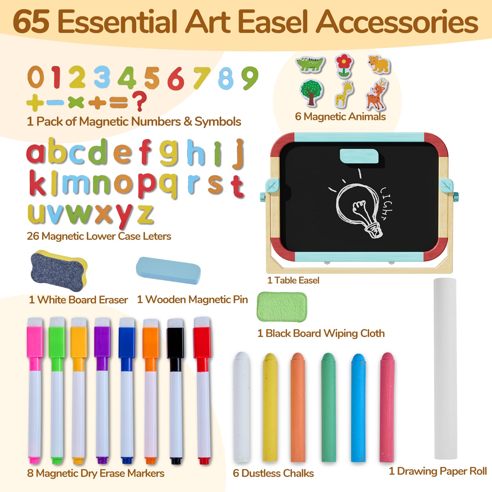 Joycat Wooden Double-Sided Magnetic Tabletop Easel For Kids, No Assembly Needed, 360° Smooth Adjustable Tilt & Anti-Slip Base,3-in-1 Kids Art Easel & station with 65 Accessories,Ideal Gift for Ages 3+