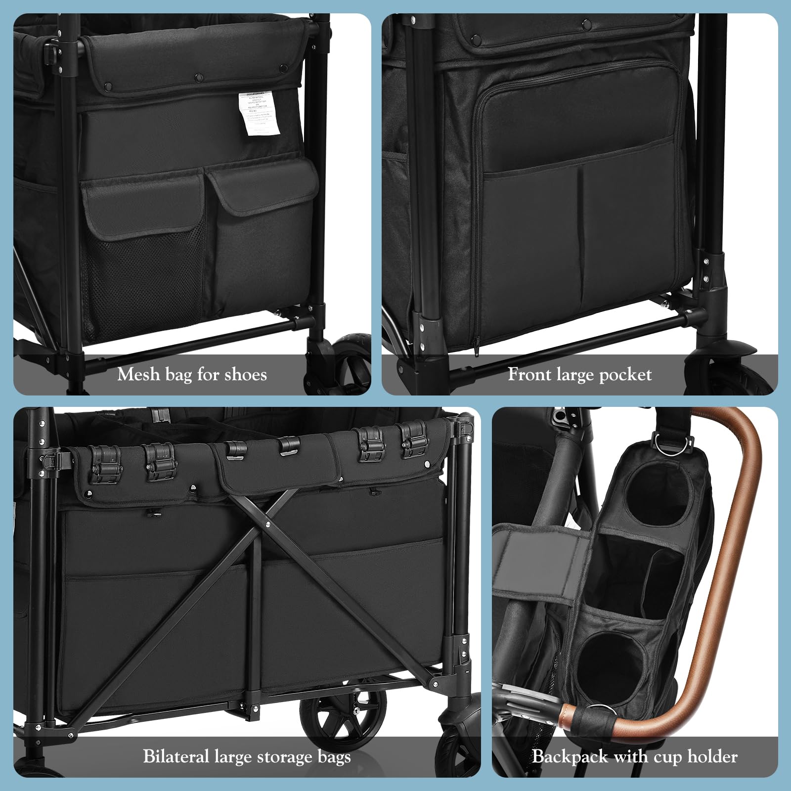 Double Wagon Stroller with Rain Cover and Safety Harness