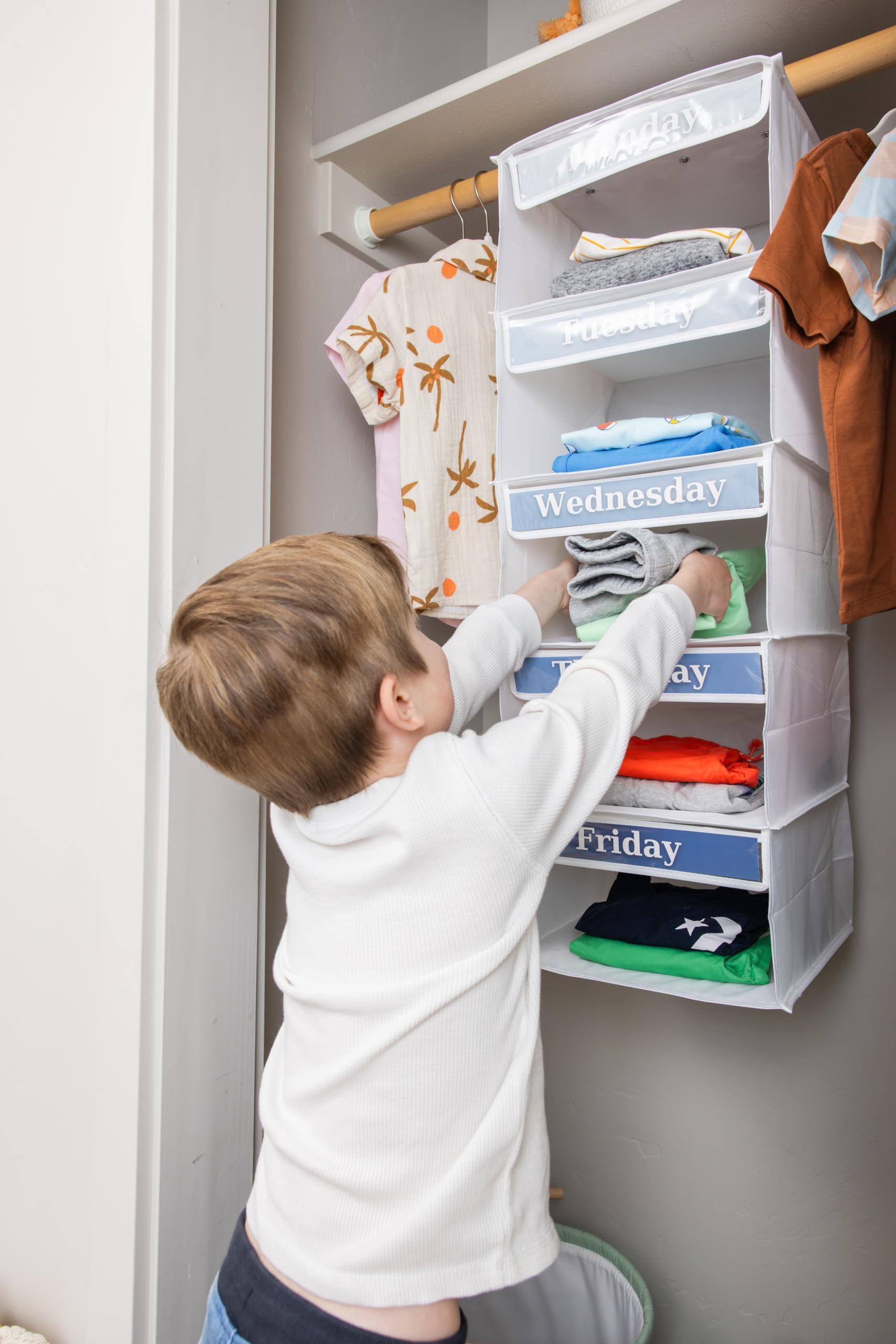 5-Shelf Weekly Clothes Organizer for Kids, 33-Inch Hanging Closet Storage