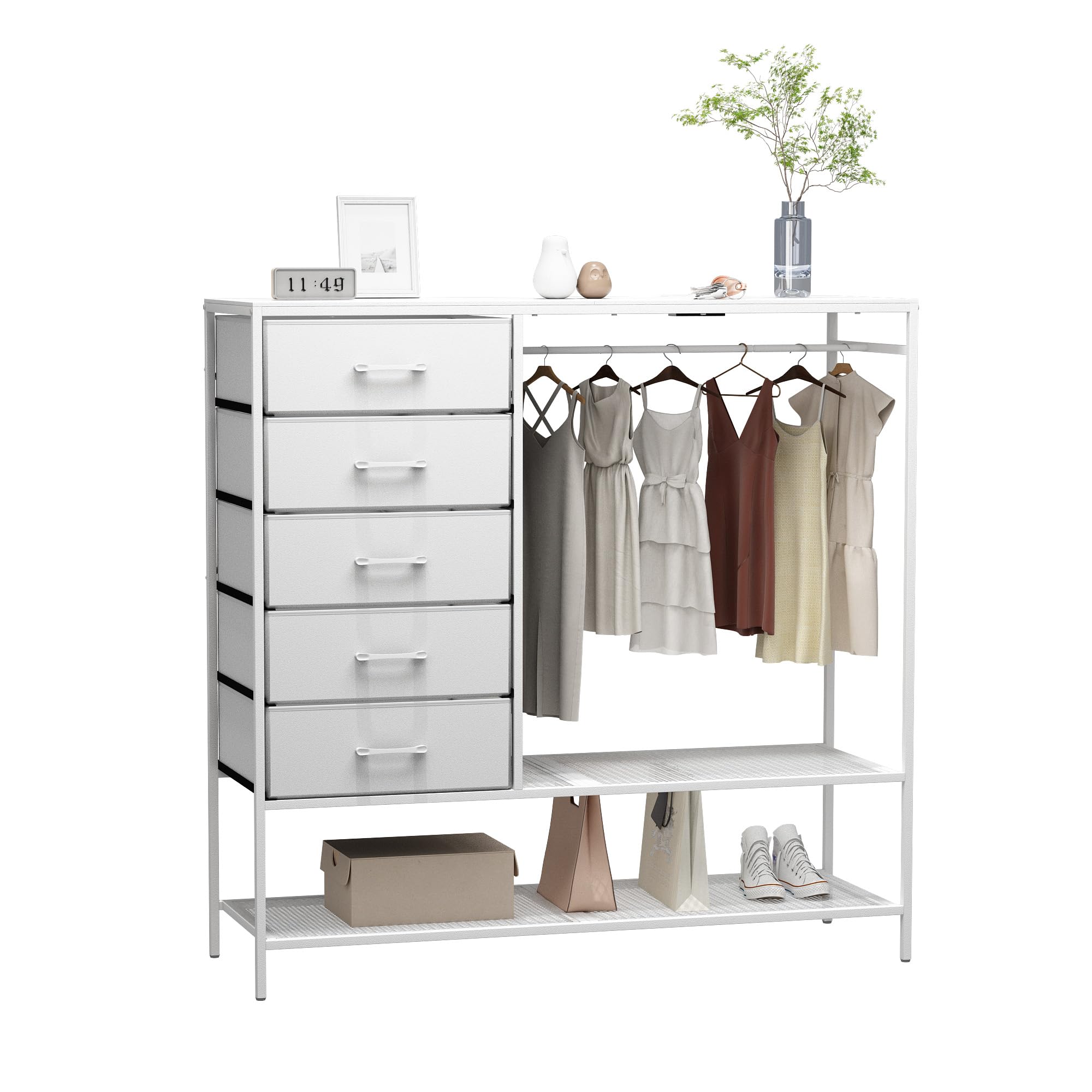 Fabric Dresser with Hanging Rack and LED Lights