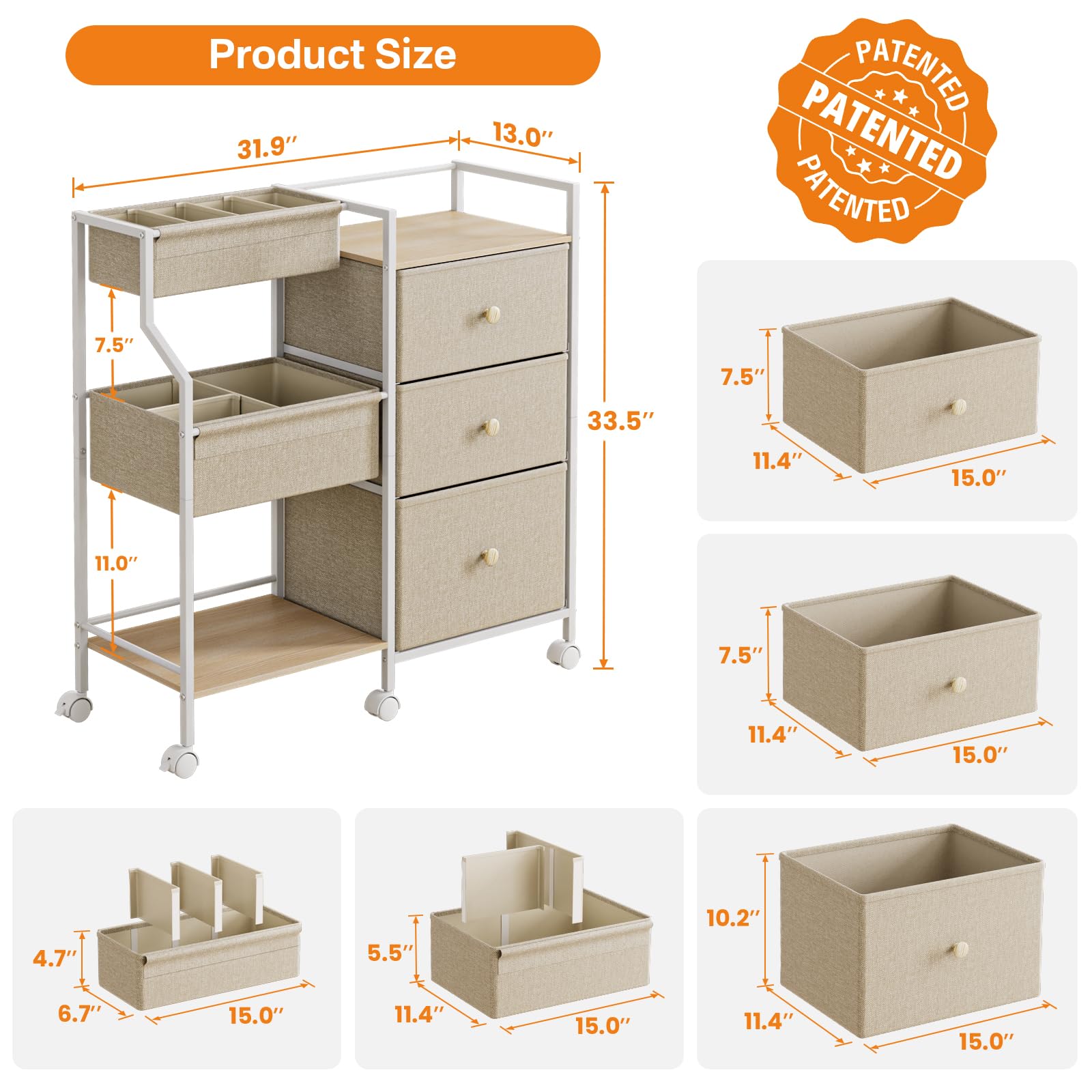 3-Tier Rolling Baby Storage Cart with Drawers and Dividers