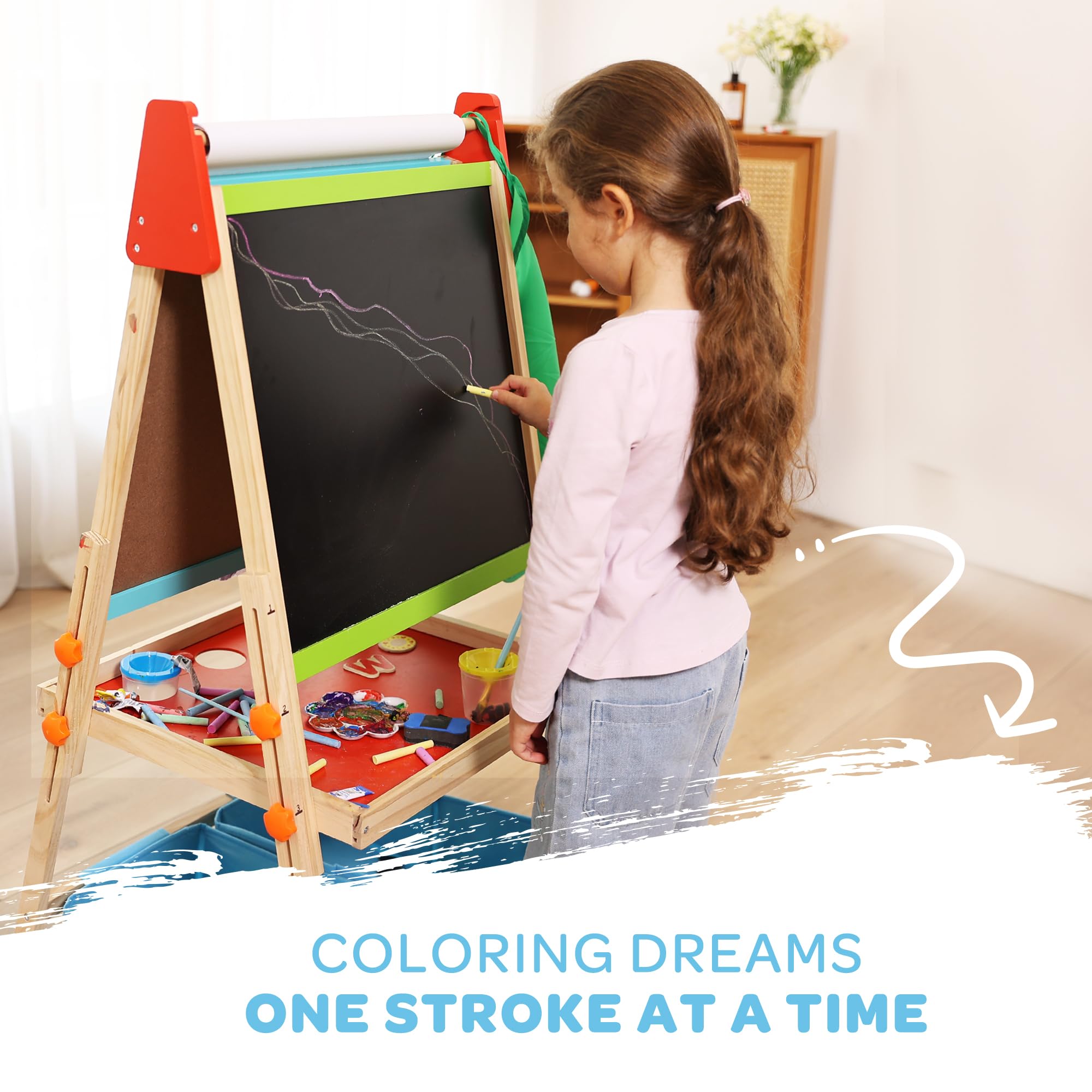 Bpmfkid 3 in 1 Adjustable Kids Art Drawing Easel Set-Sided Magnetic Whiteboard & Chalkboard with Painting Paper Roll - Versatile Art Station Gift for Toddlers, Kids and Childrens Ages 3+