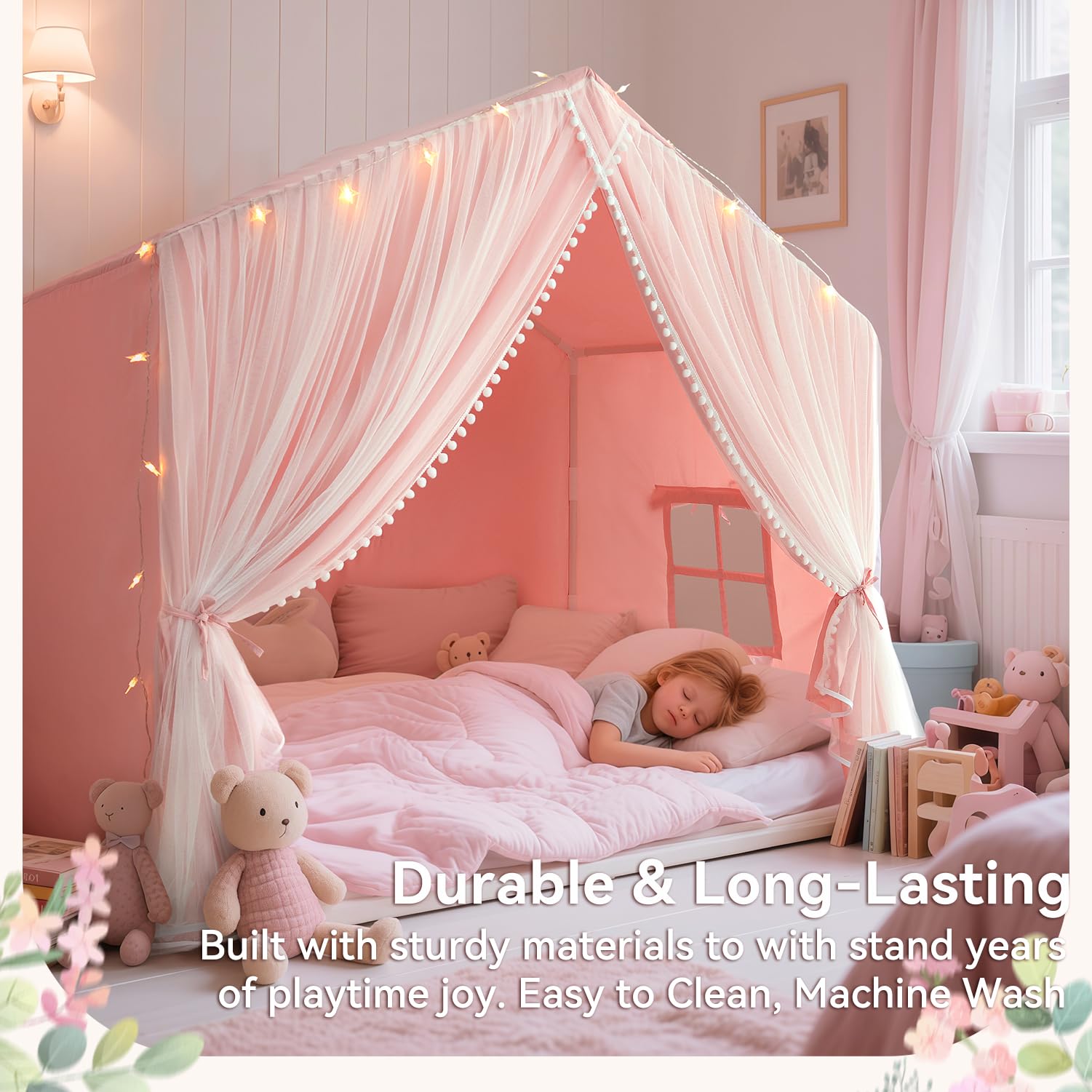 Princess Play Tent with Mat and Dual-Layer Curtain - Pink