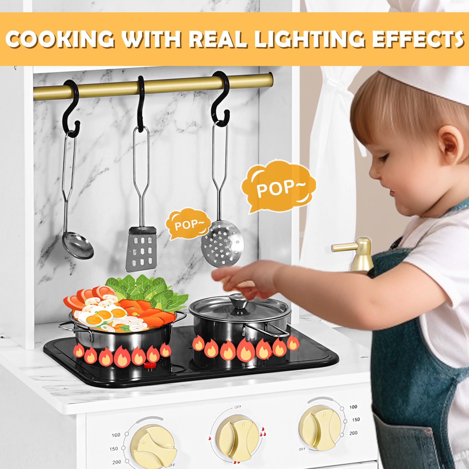JOYLDIAS Play Kitchen, Wooden Kids Play Kitchen Playset Chef Pretend Play Set for Toddlers w/Ice Cube Dispenser, Oven, Cooking Accessories,Trendy Home Style w/Curtains, Storange Box, Gift for Ages 3+