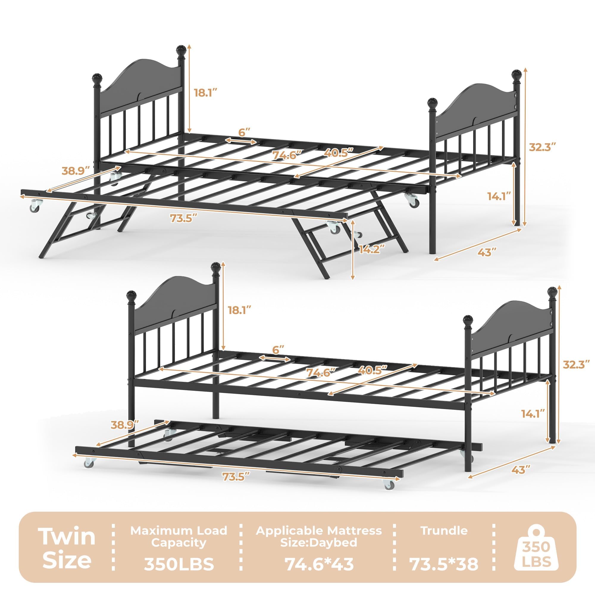 Daybed with Trundle, Metal Twin Size Day Bed with Stylish Headboard, Sofa BedFrame with Pop Up Foldable Trundle Bed, Heavy Duty Steel Slats Platform for Living Room, Bedroom and Guest Room, Black