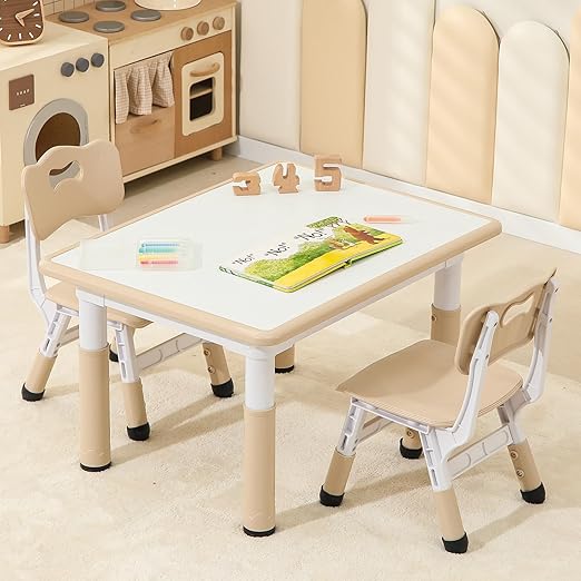 Toddler Table and 2 Chairs, Height-Adjustable Kids Table and Chairs Set