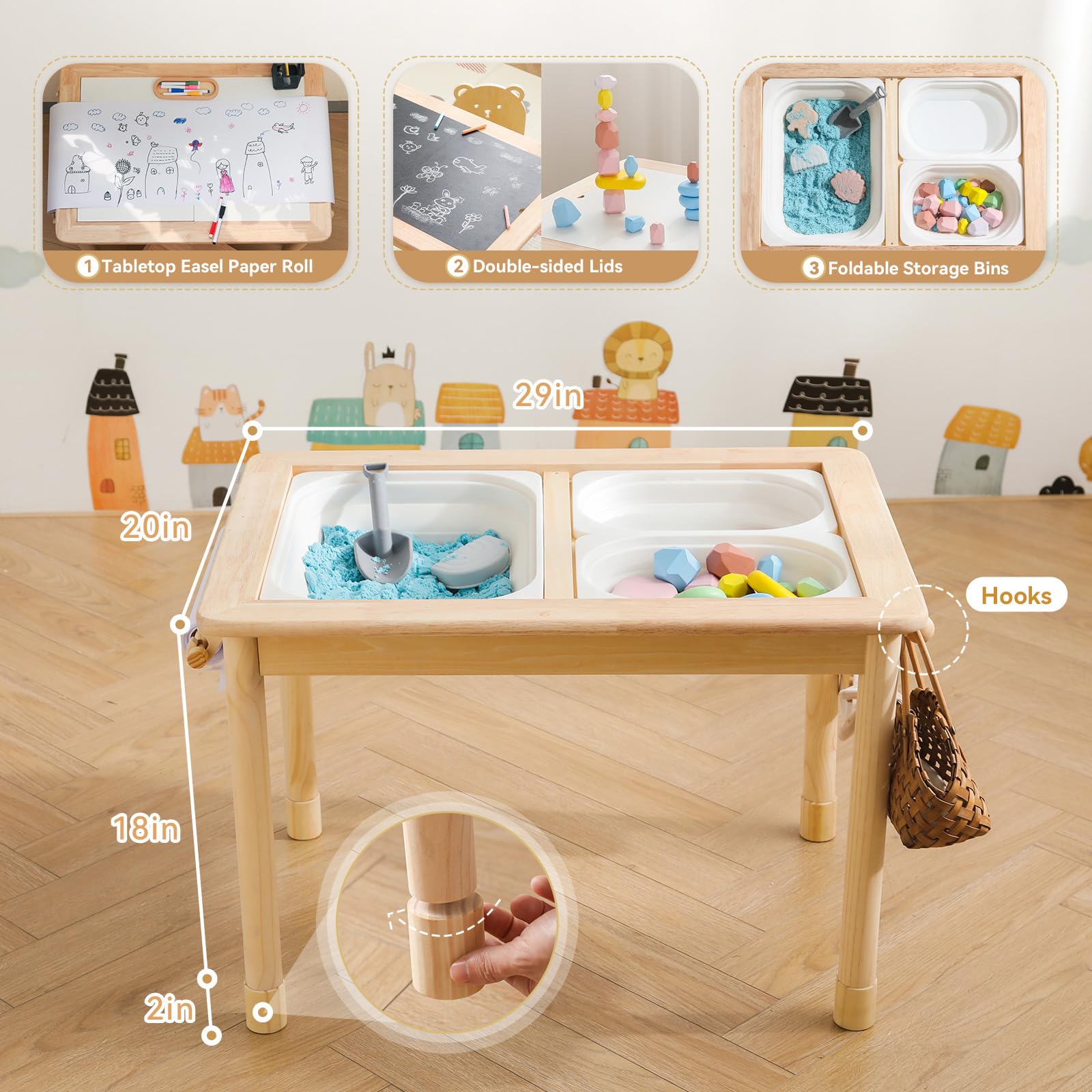 Rubber Wood Montessori Sensory Table - 3 Foldable Storage Bins