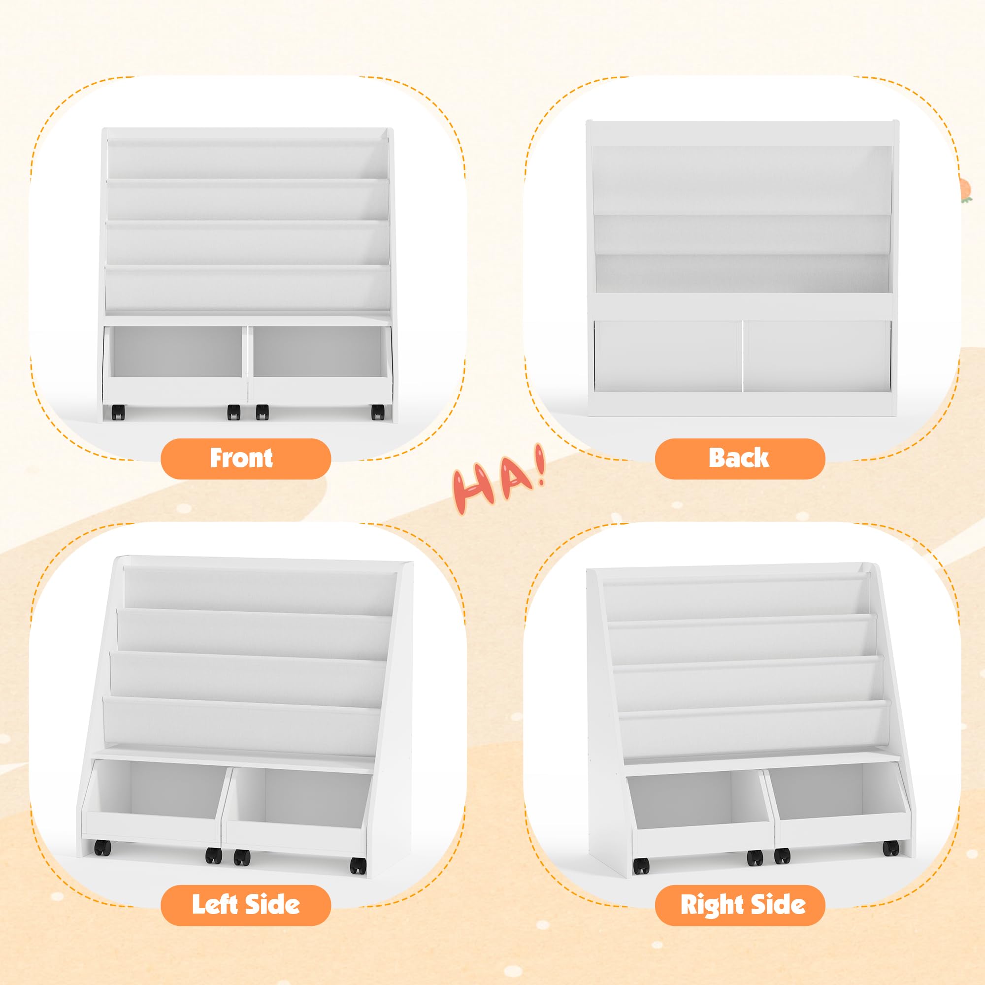Kids Bookshelf with Storage Drawers and Sling Pockets