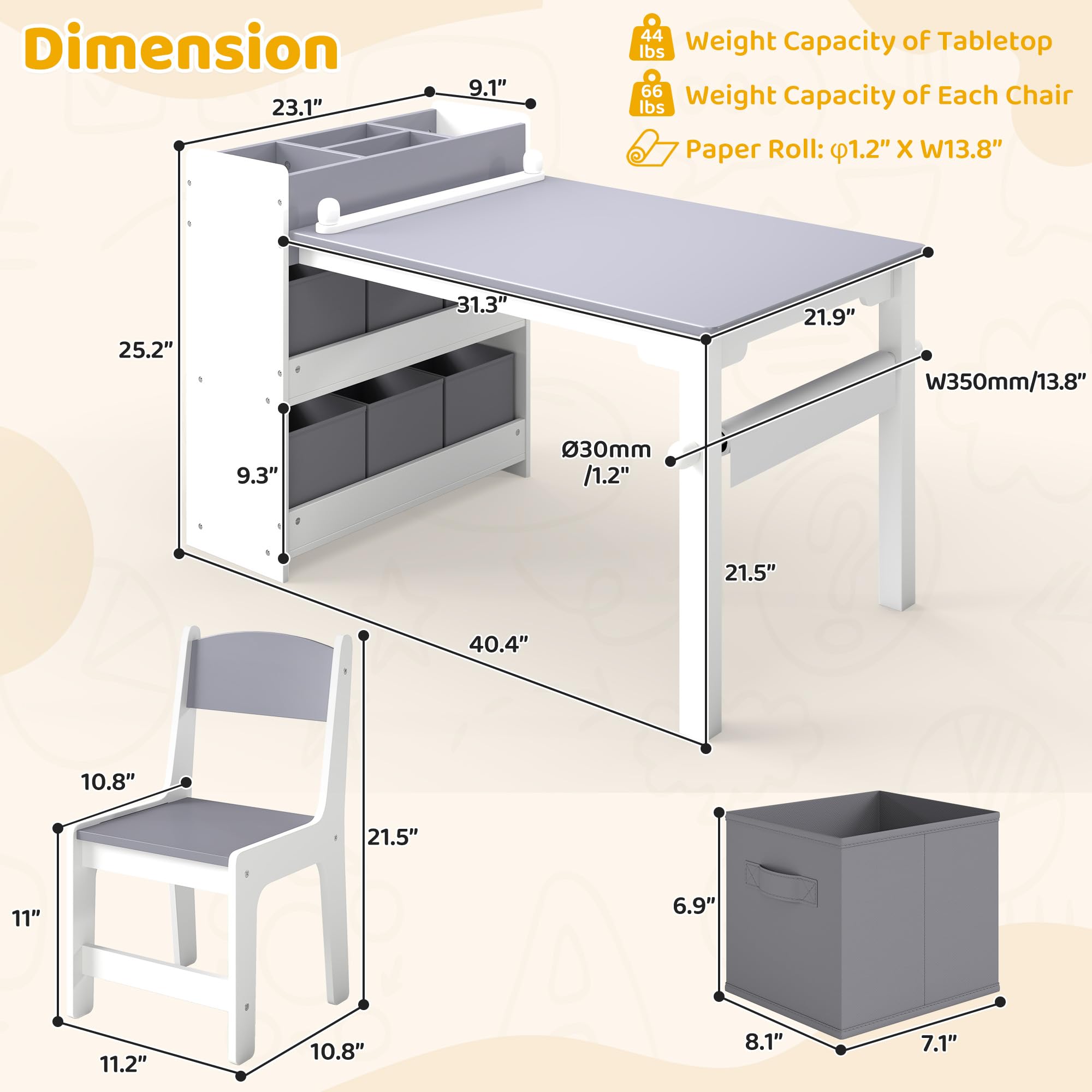 Kids Art Table and Chairs Set with Storage and Paper Roll