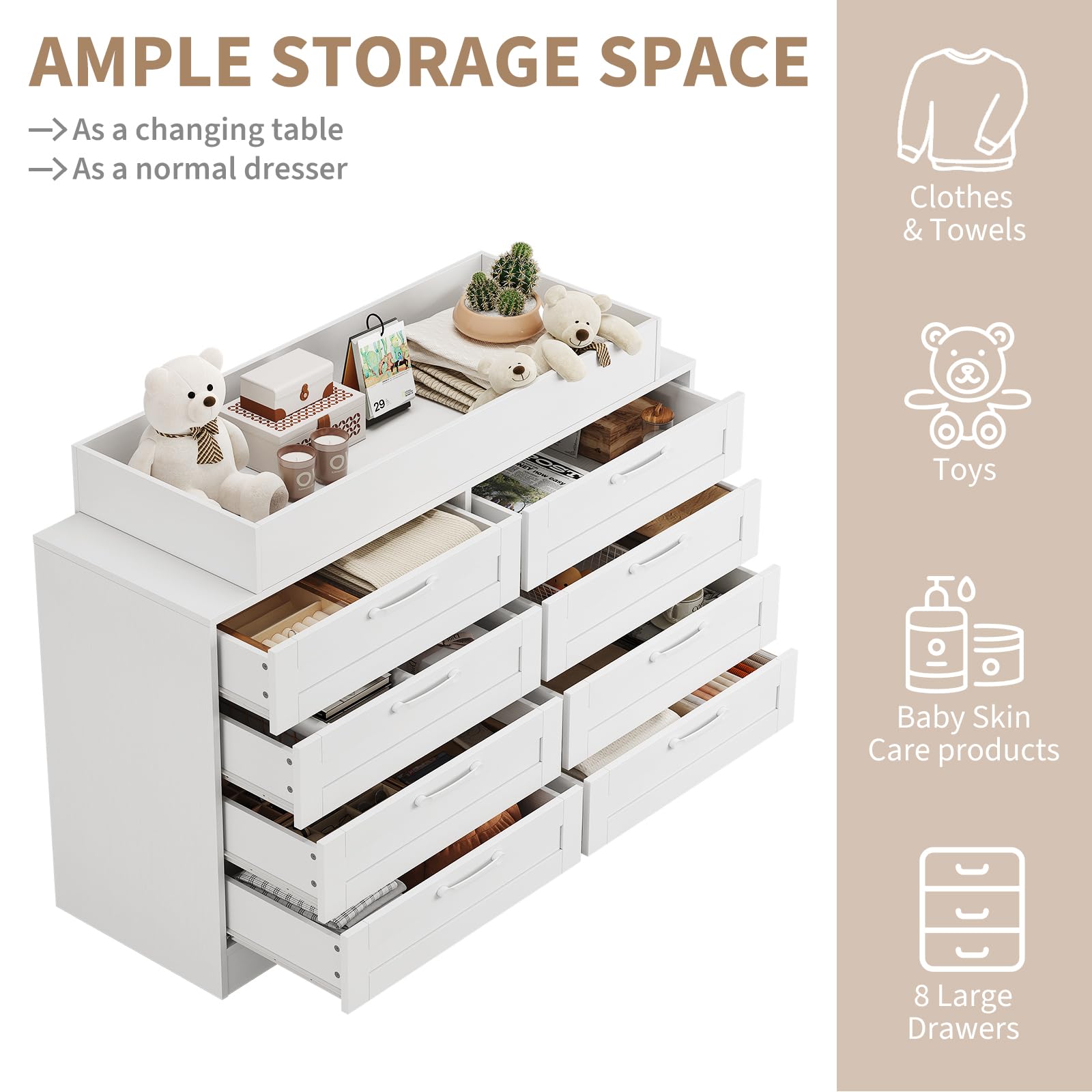 8-Drawer Nursery Changing Table Dresser with Shelves