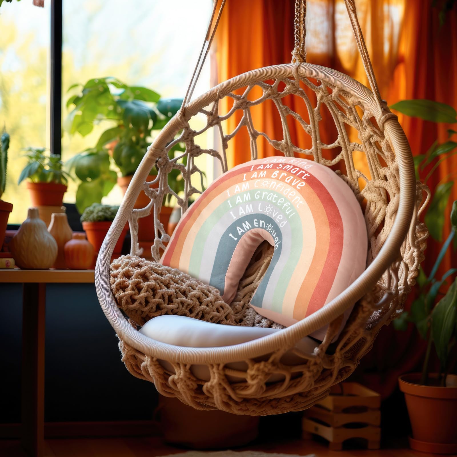 Rainbow Throw Pillow Boho Classroom Reading Corner Throw Pillow