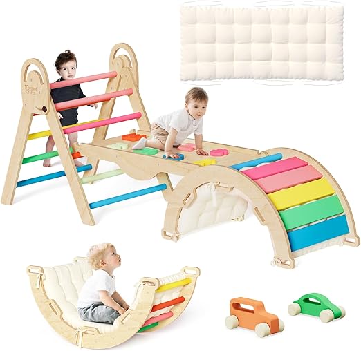 Pikler Triangle Set with Cushion, Montessori Climbing Set, Indoor Climb Toys