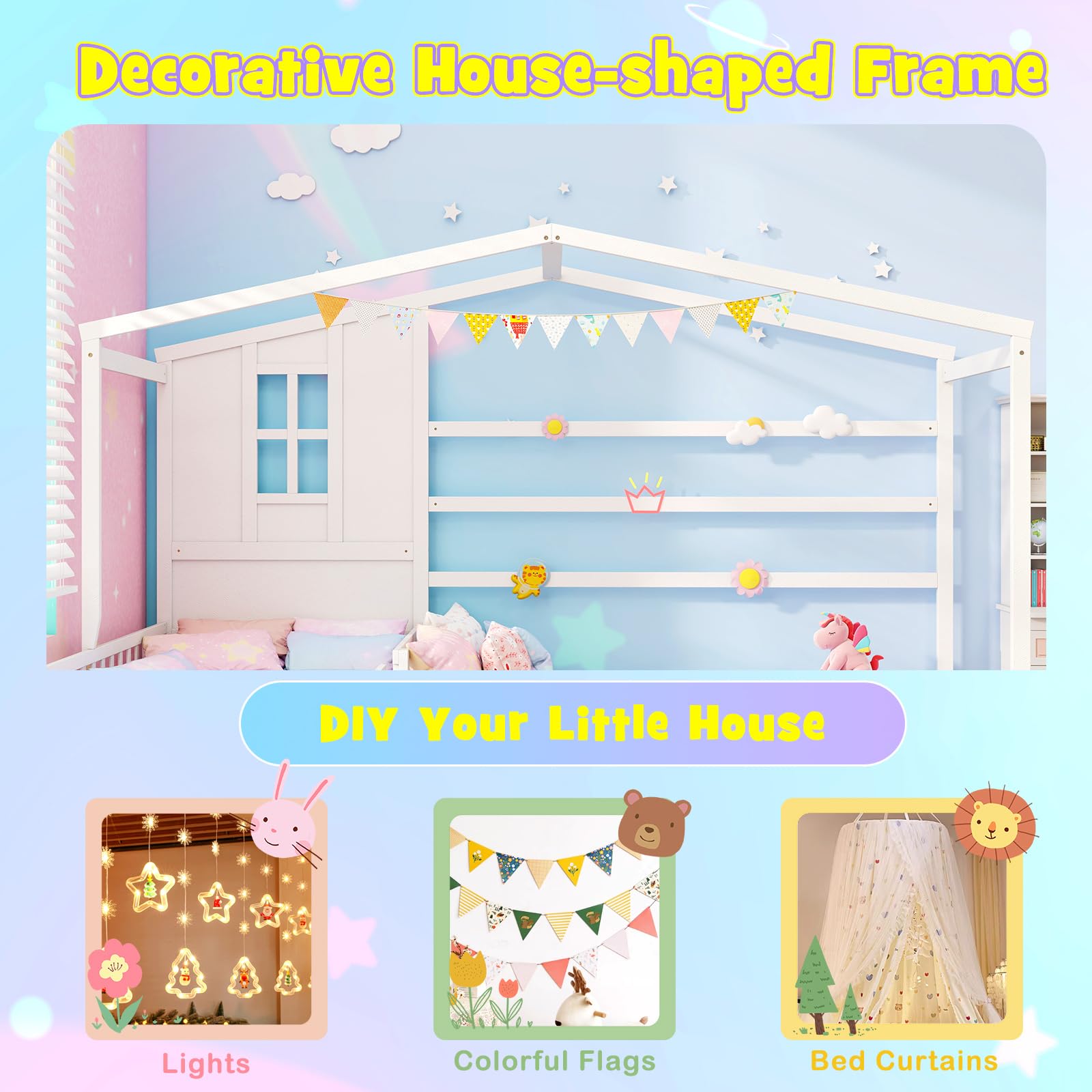 L-Shaped Twin Bed for Kids with House Frame and Guardrails