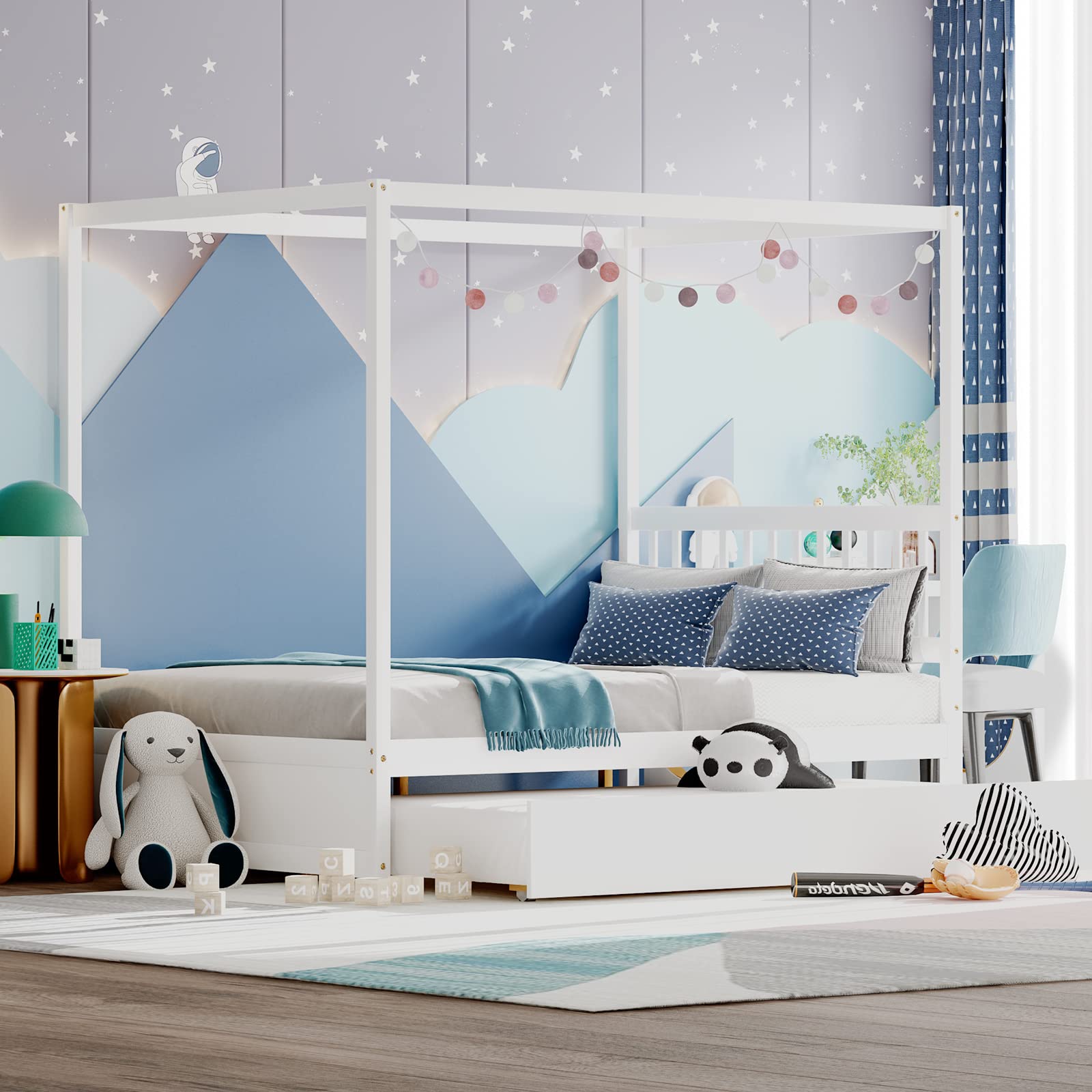 Canopy Bed with Trundle, Full Size Kids Solid Wood Platform Bed Frame
