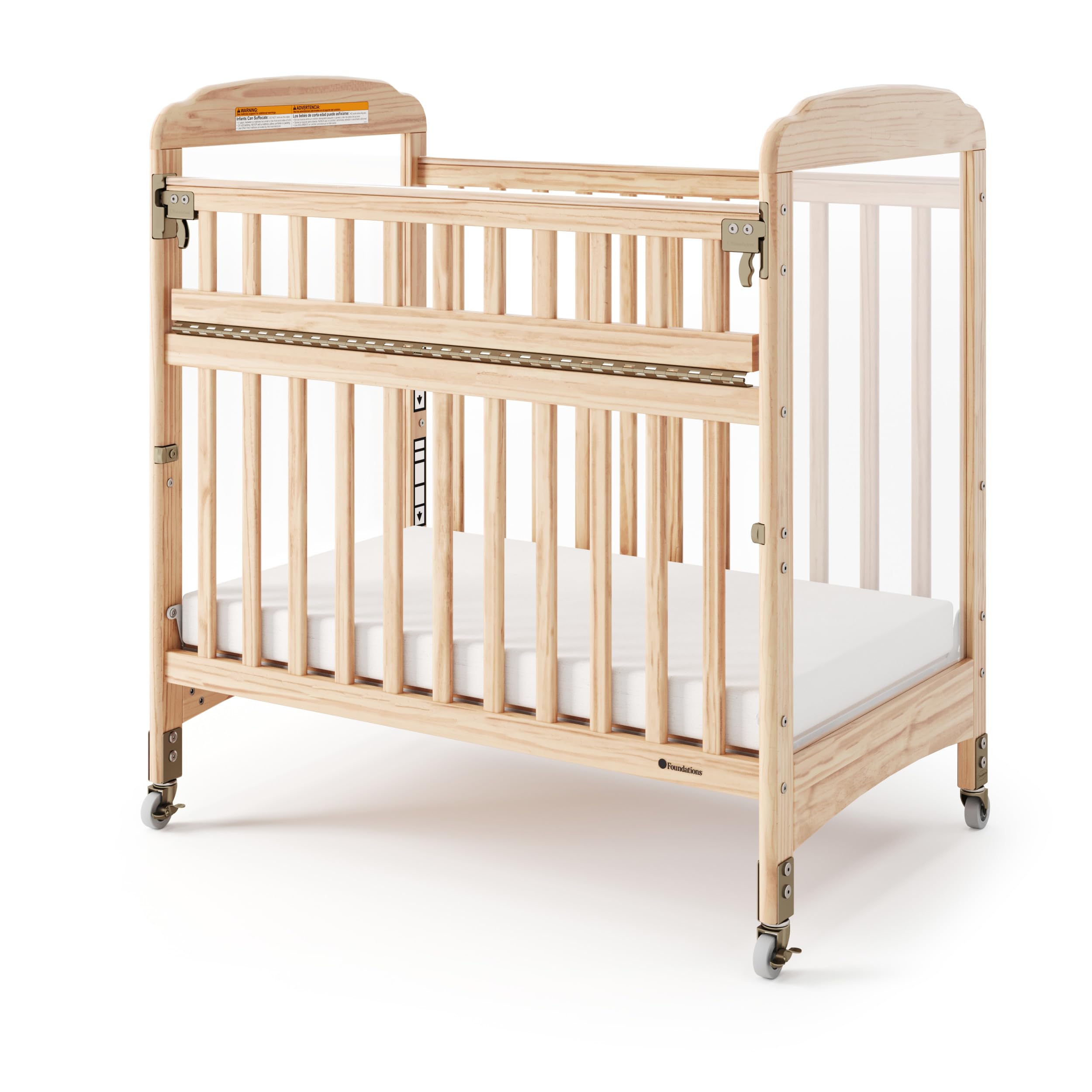 Foundations Serenity SafeReach Crib with Adjustable Mattress Board, Compact Wooden Baby Crib with Commercial Grade Casters, Clear End Panels for Child Visibility, Includes 3” Foam Mattress (Natural)