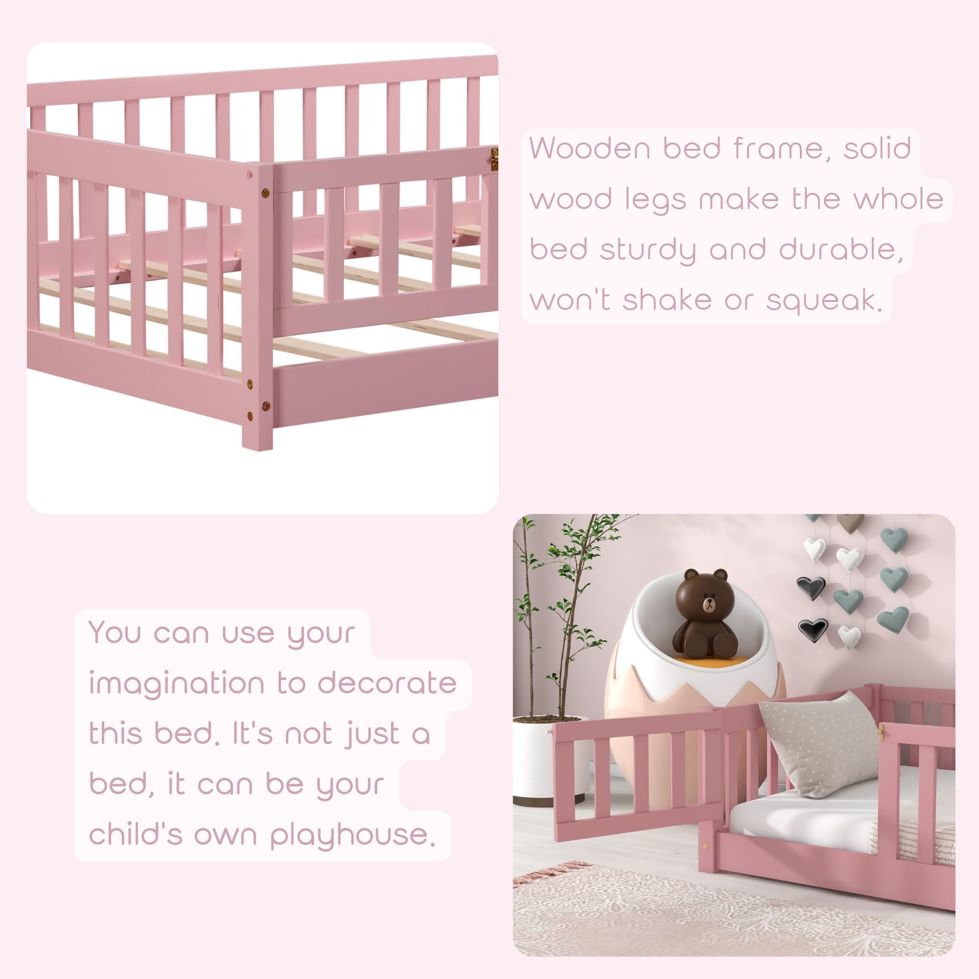 Montessori Floor Bed Twin with Fence and Door
