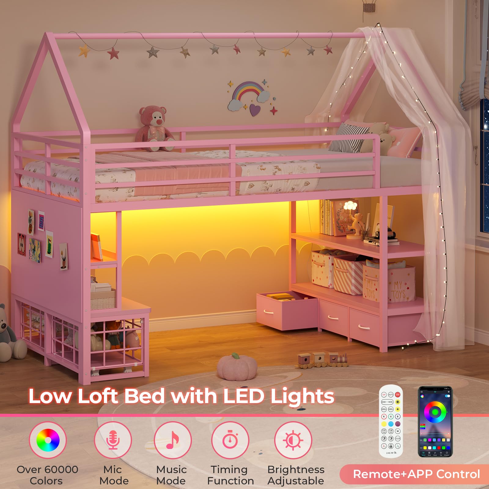 Twin Loft Bed with Storage Drawers and LED Lights