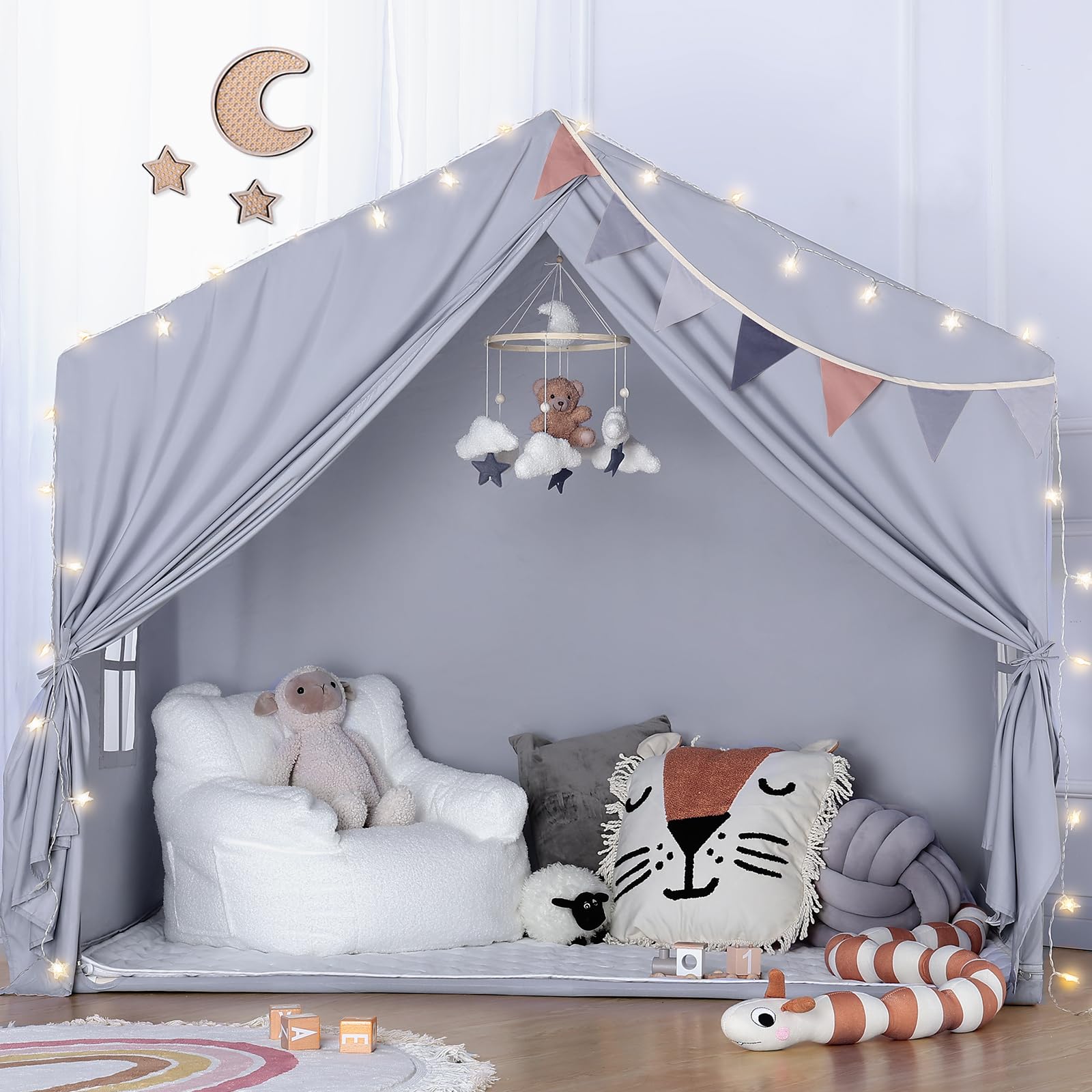 Play Tent Indoor - with Mat, Star Lights - Large Toddler Playhouse