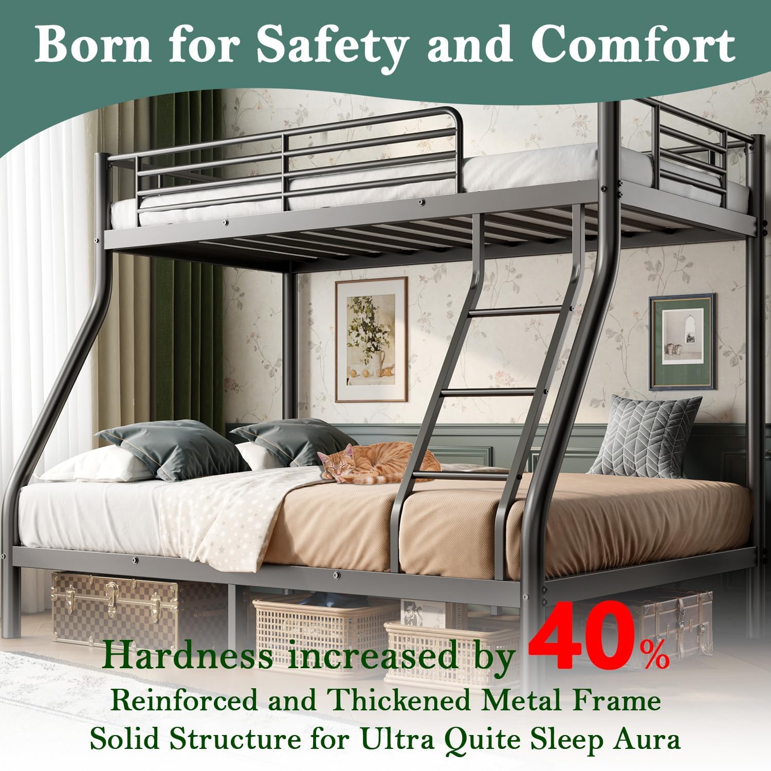 Twin Over Full Bunk Bed with Guardrail and Ladder