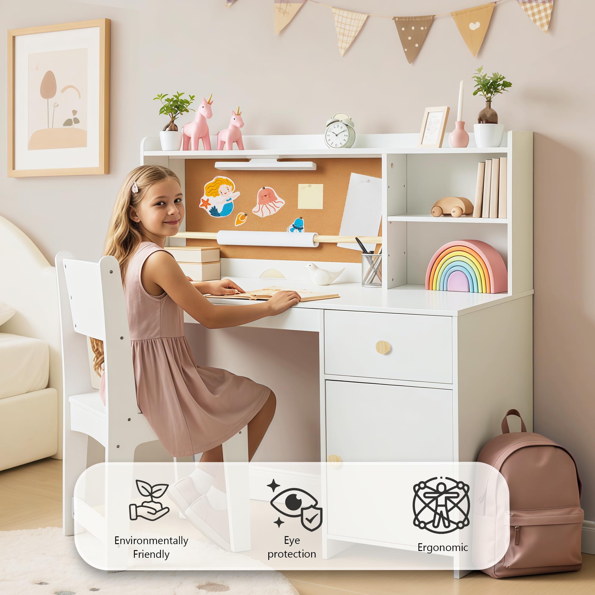 Kids Study Desk and Chair Set with Hutch and Storage
