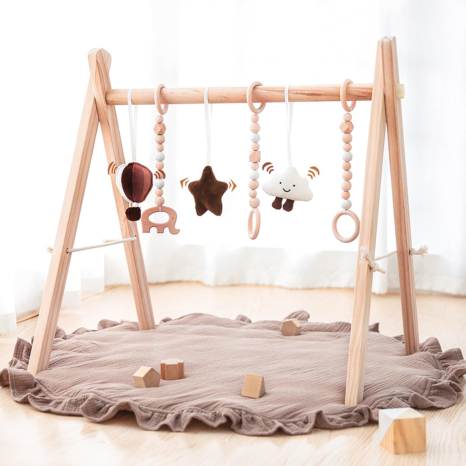 Wooden Baby Play Gym Play Mat, Foldable Baby Gym with 6 Hanging Sensory