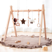 Wooden Baby Play Gym Play Mat, Foldable Baby Gym with 6 Hanging Sensory