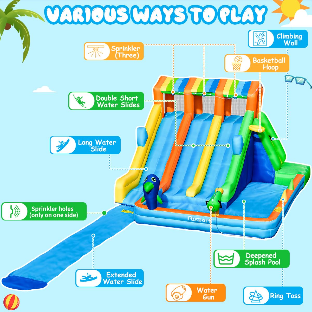 Inflatable Water Bounce House with Triple Slide and Splash Pool
