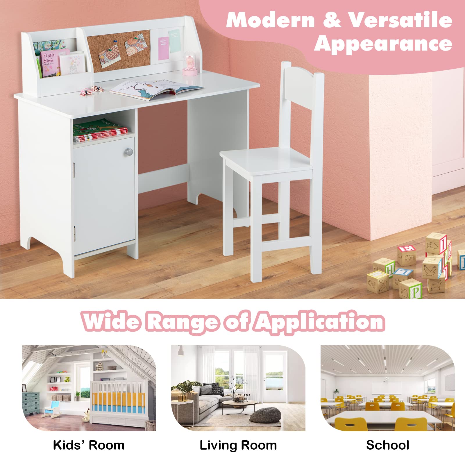 Kids Desk and Chair Set with Storage Hutch and Bulletin Board