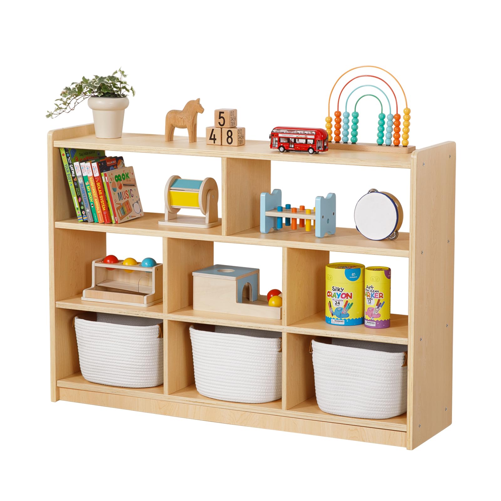 Montessori Toy Shelf and Storage, 31.5" H, 3-Tier Toy Storage Organizer with 8 Cubby