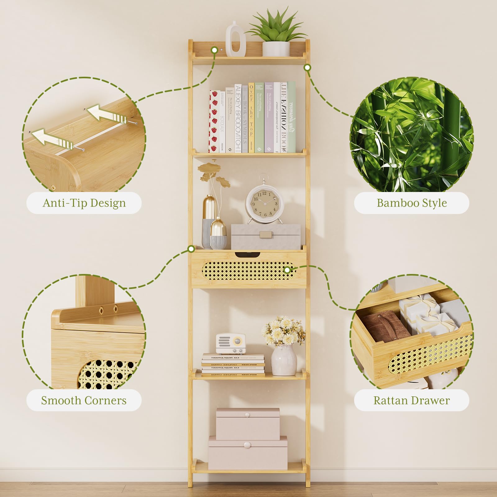 5-Tier Bamboo Ladder Shelf with Drawer