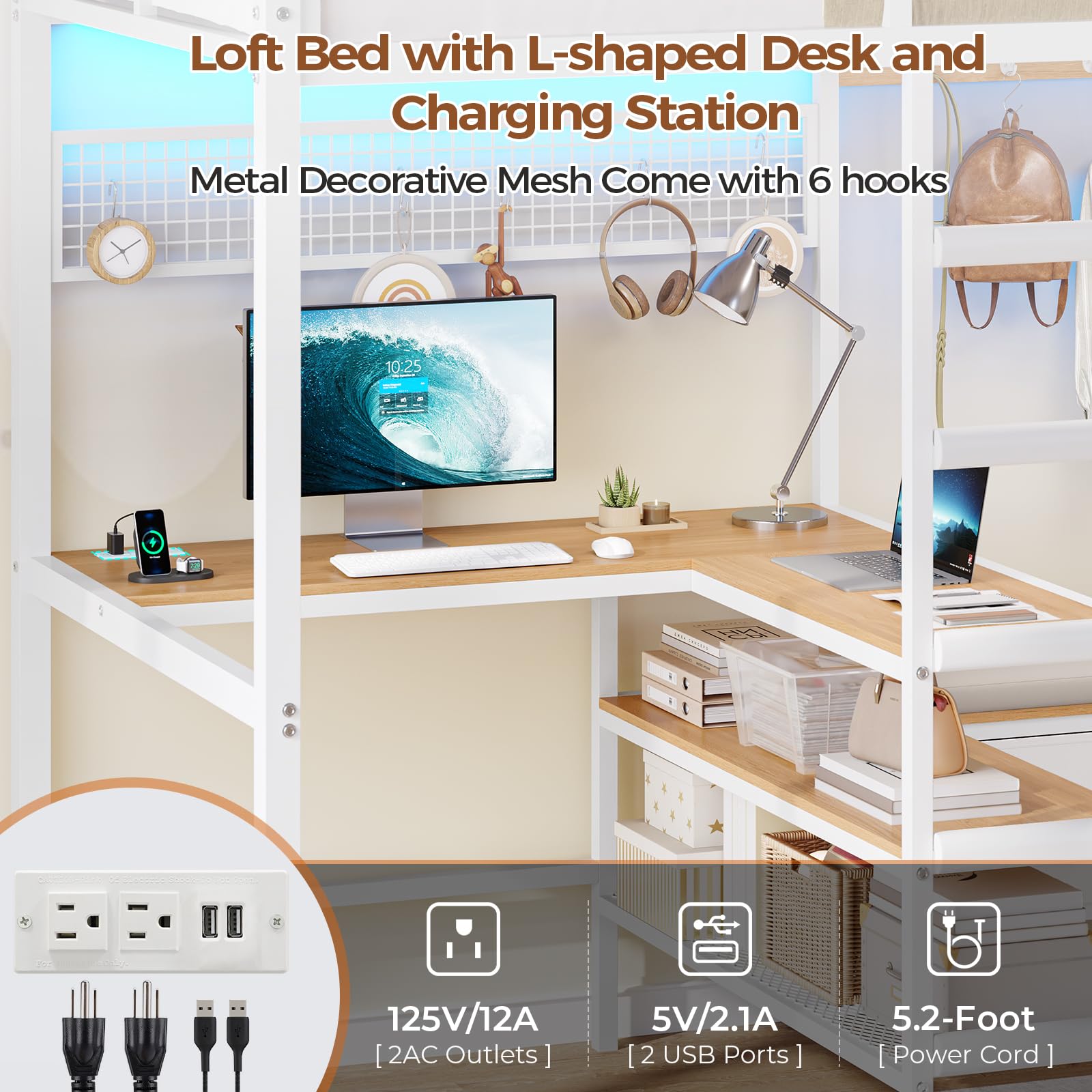 Twin Loft Bed with Desk and LED Lights