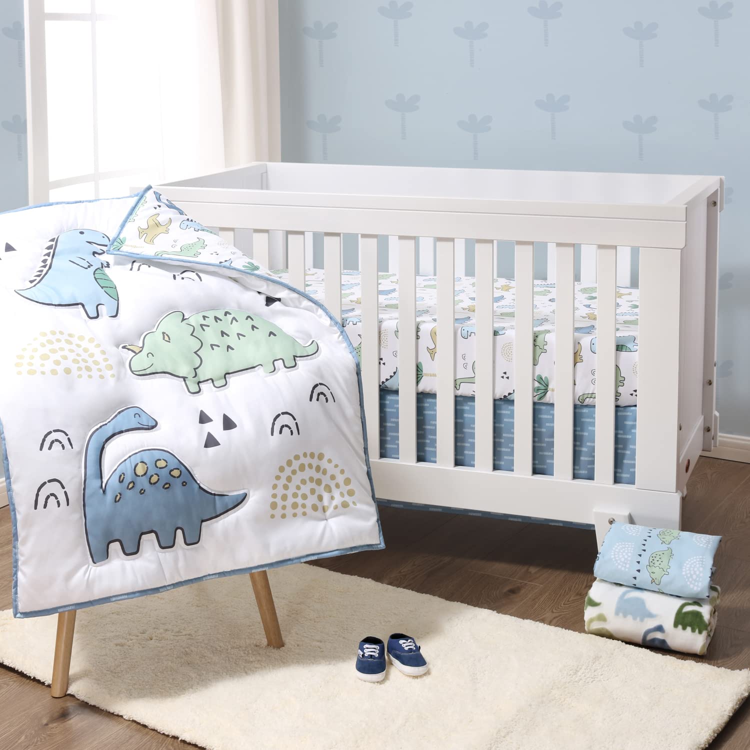 Blue Dino Nursery Crib Bedding Set 5 Piece