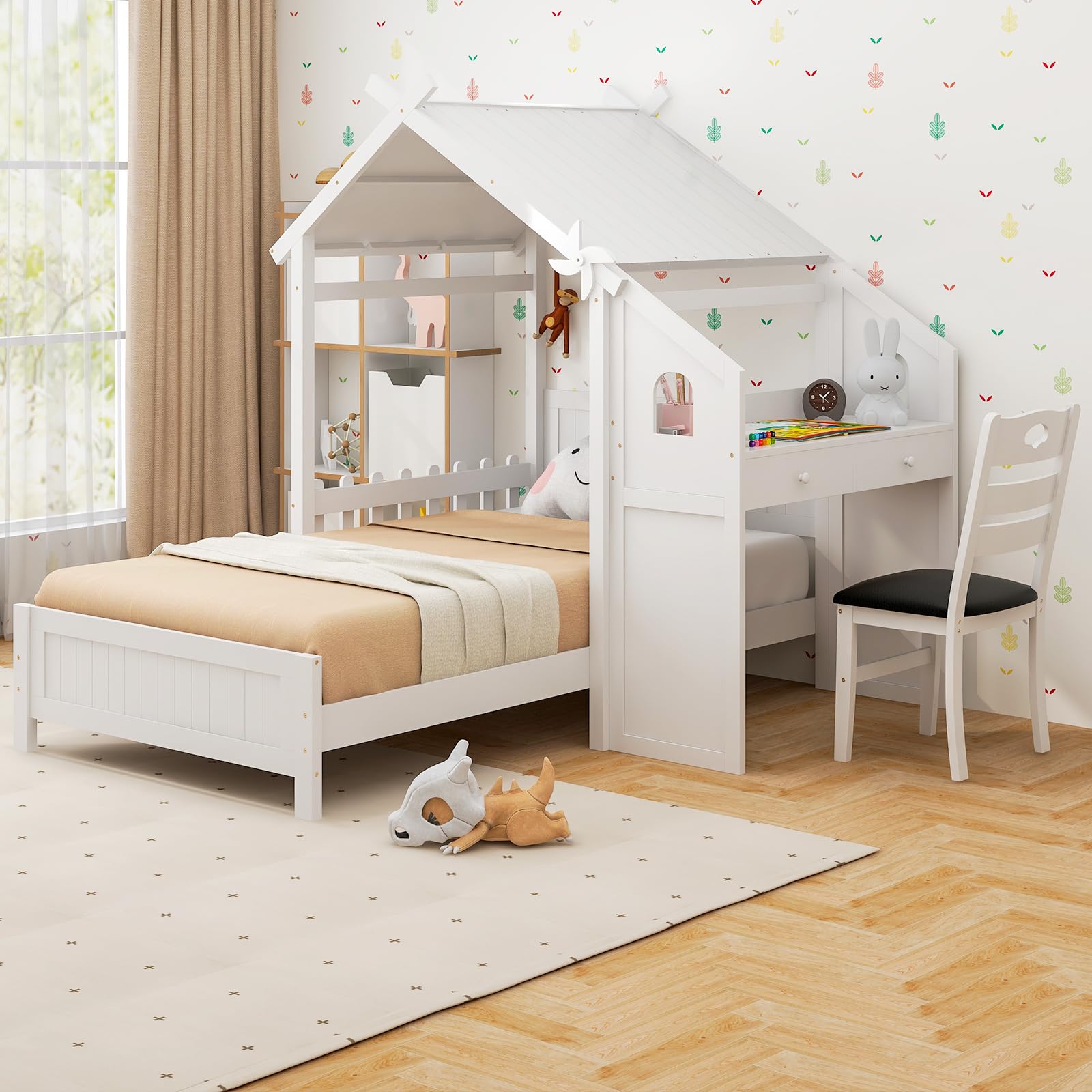 Giantex Twin House Bed with Desk & Chair, Wood Kids Playhouse Bed with 2 Drawers, Windmill, Fence & Headboard, Twin House Bed for Kids Teens, No Box Spring Needed, White