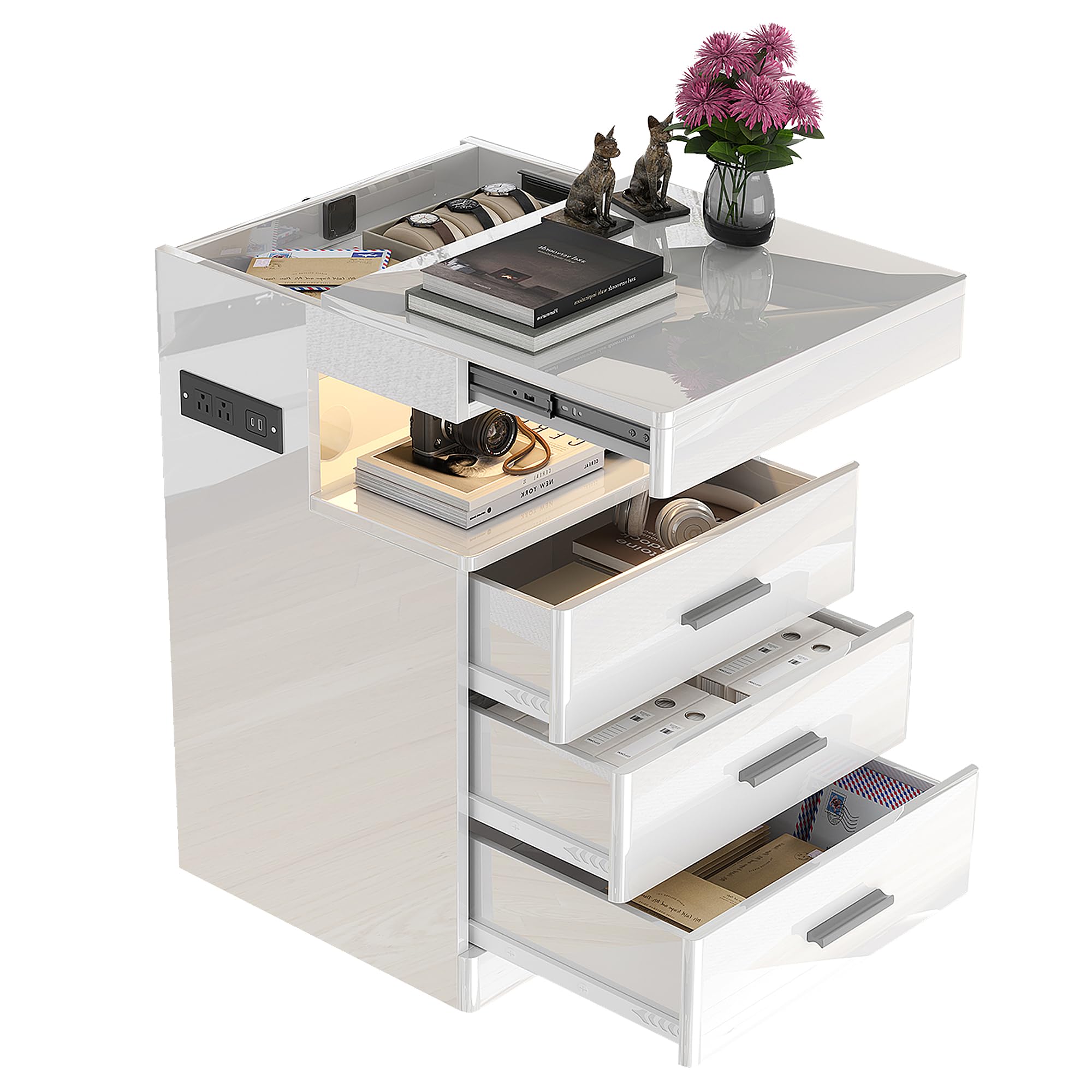 LED Nightstand with Charging Station and Hidden Storage
