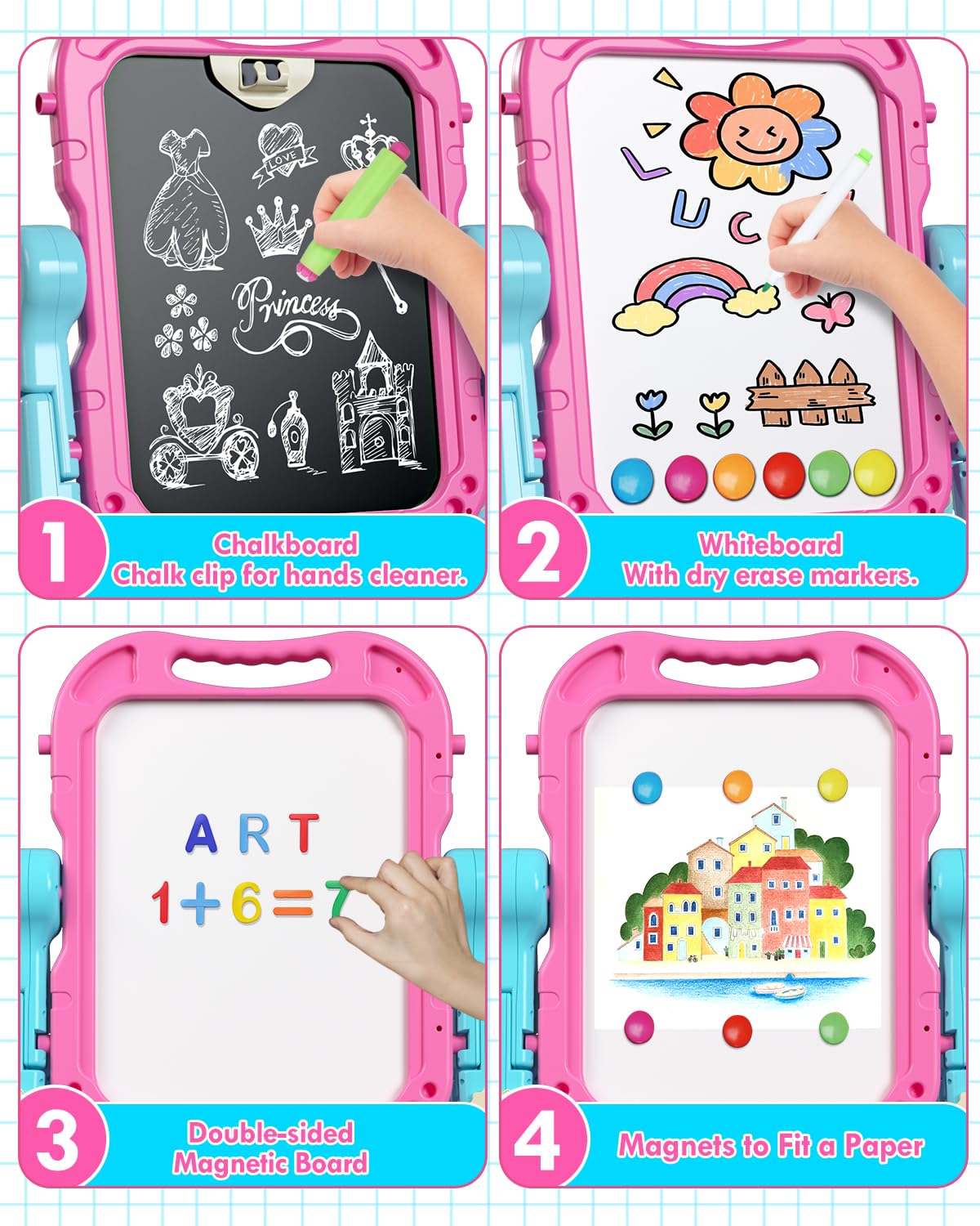4-in-1 Double Sided Kids Art Easel with Magnetic Whiteboard and Chalkboard