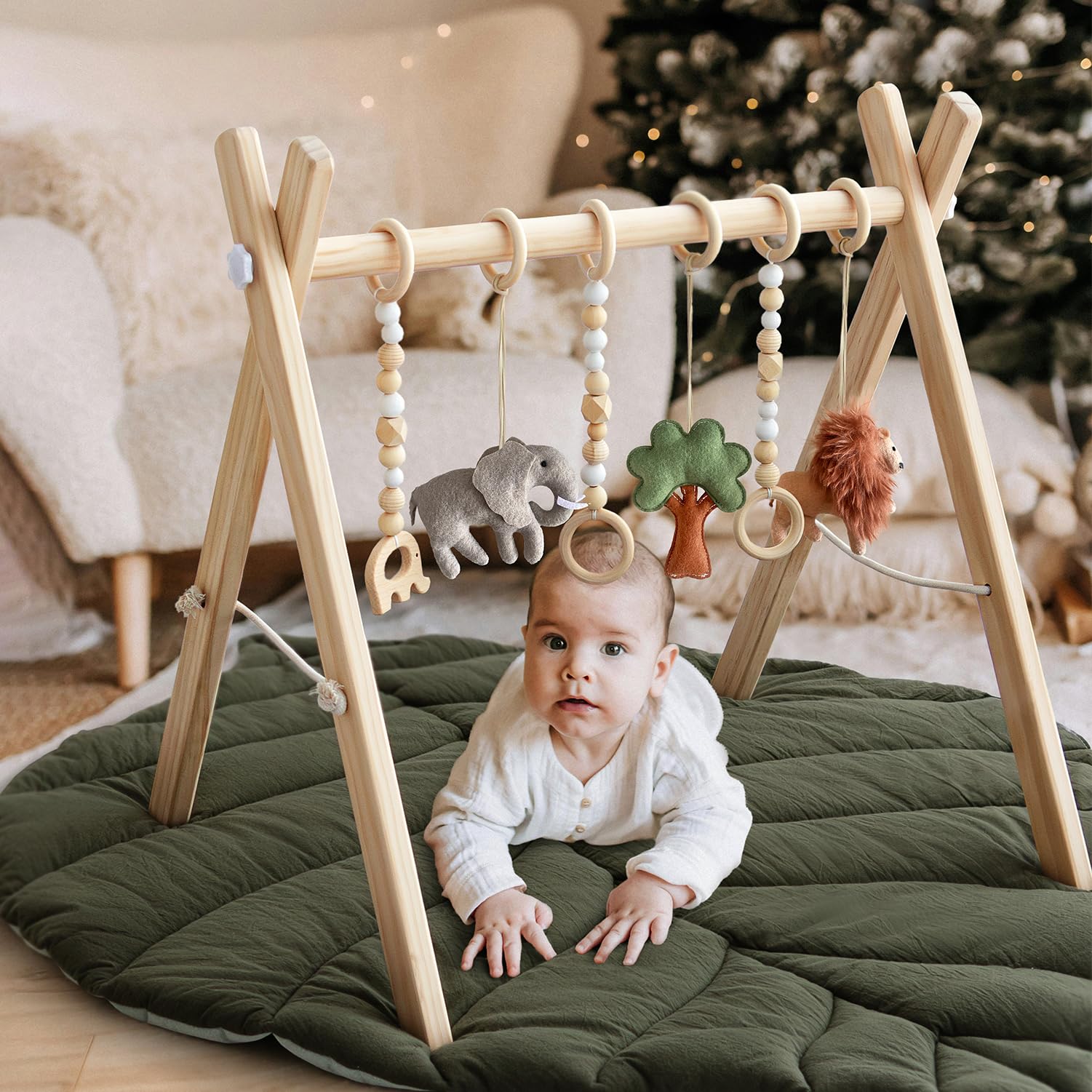 Wooden Baby Play Gym Activity Mat, Leaf Shaped Play Mat Baby Gym