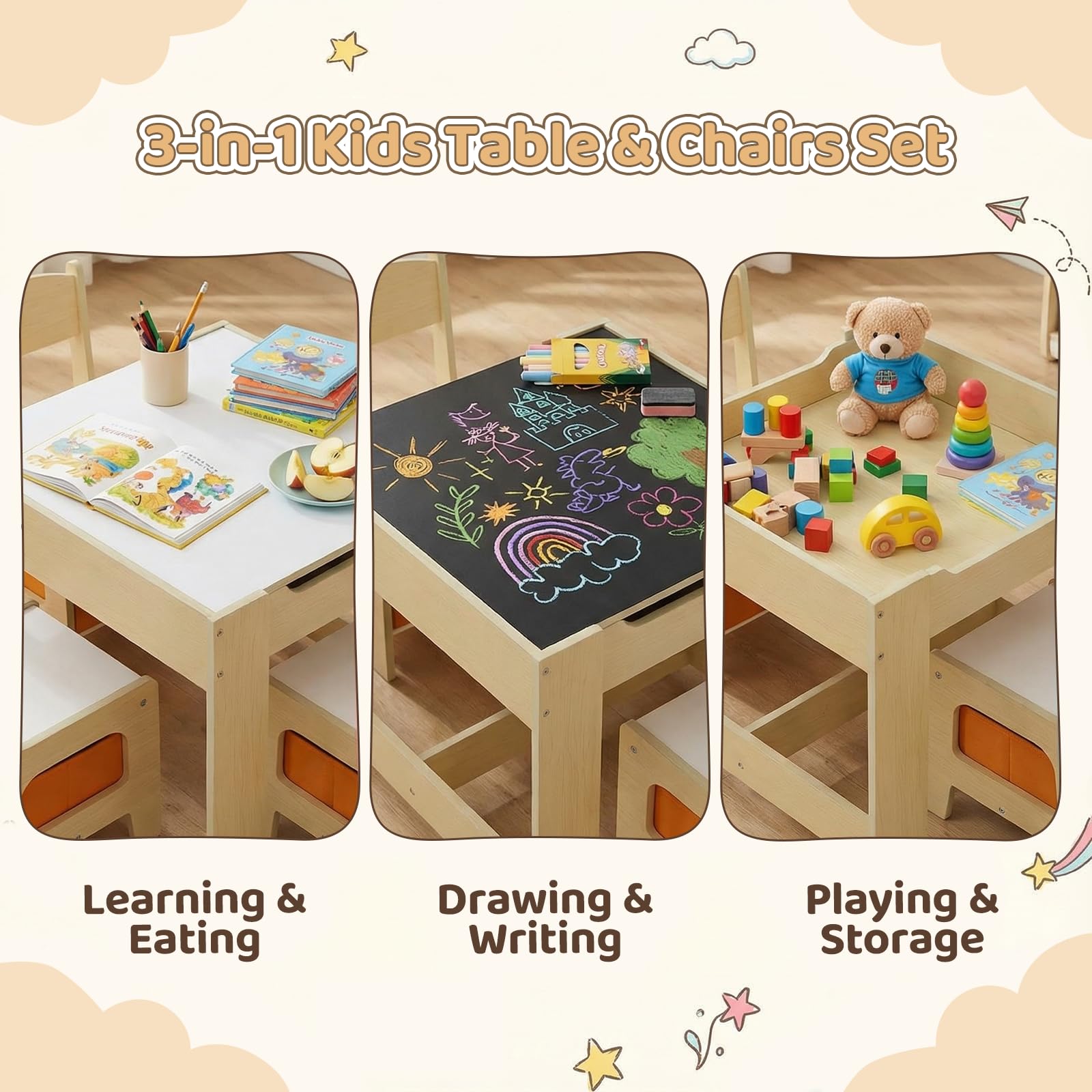 Kids Table and Chair Set with Storage and Reversible Blackboard