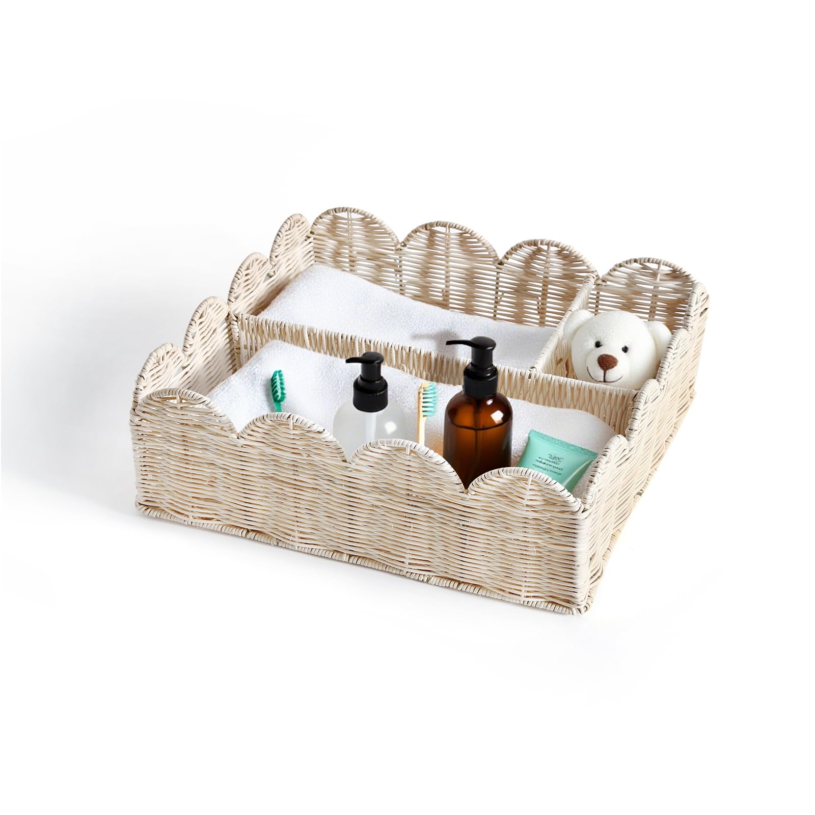 Divided Scalloped Basket,Wicker Diaper Caddy Scalloped Baske,Woven