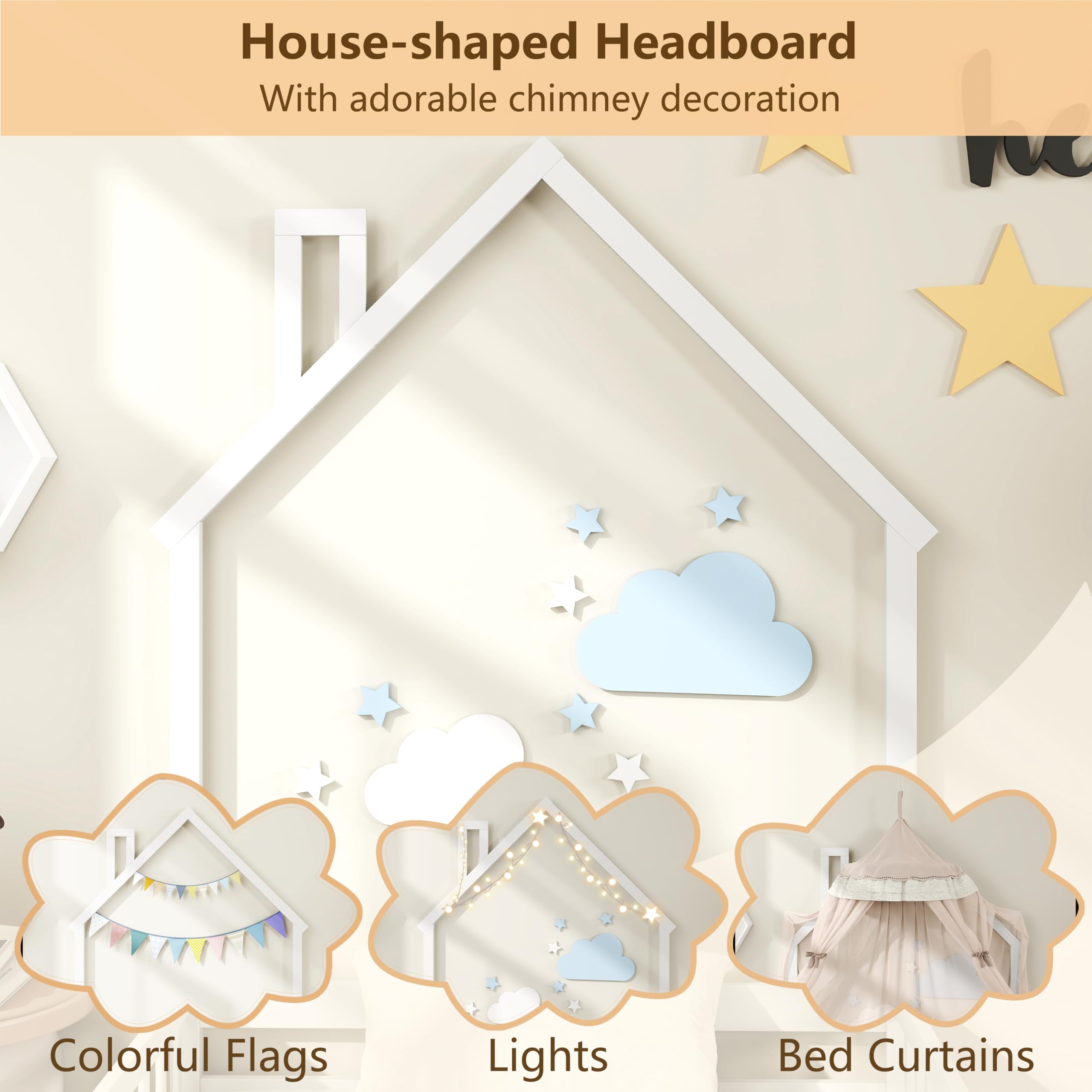 Twin Floor Bed with House-Shaped Headboard and Safety Guardrail