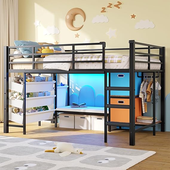 Low Twin Size Loft Bed with Reading Corner and Bookshelf