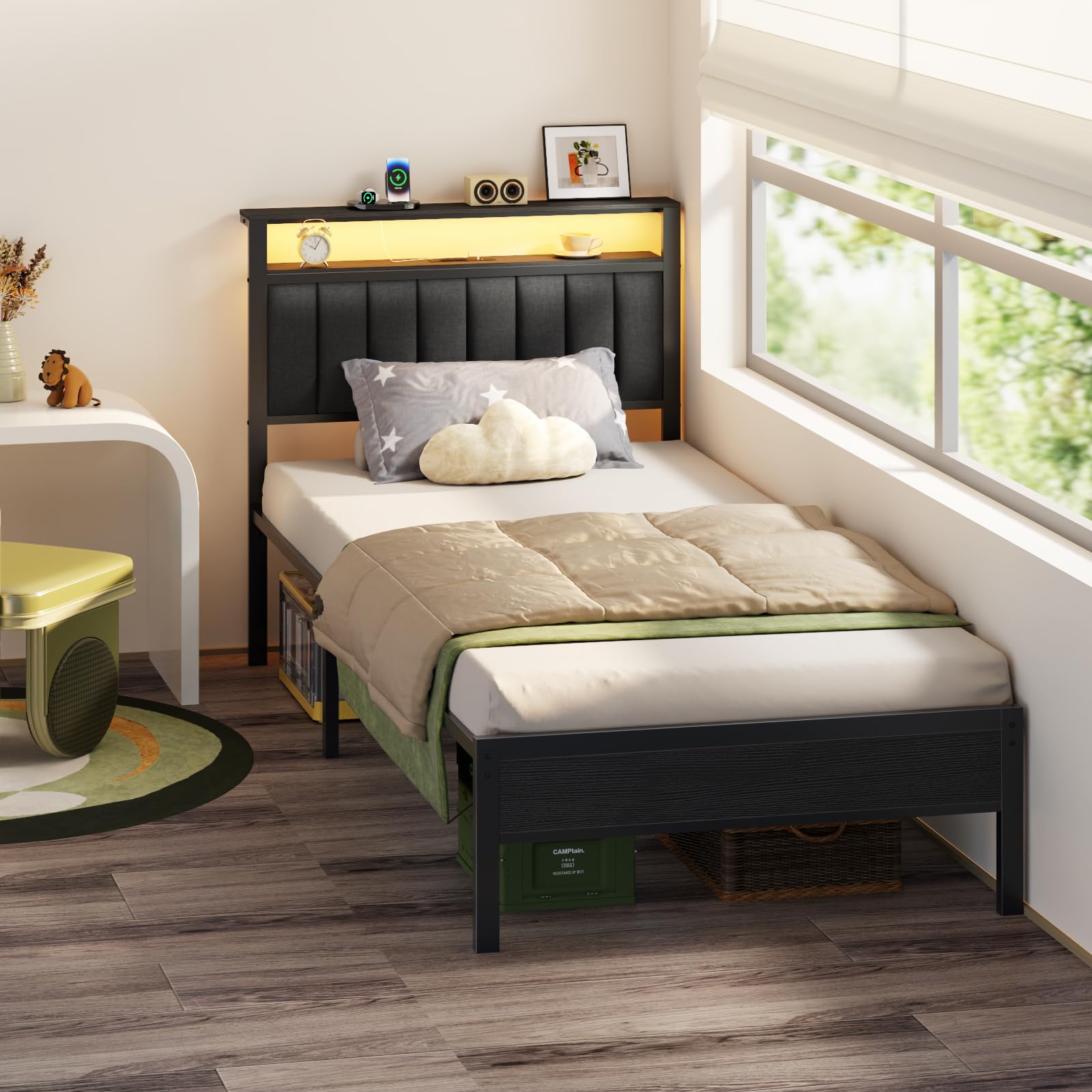 Twin Size Bed Frame with Charging Station and LED Lights
