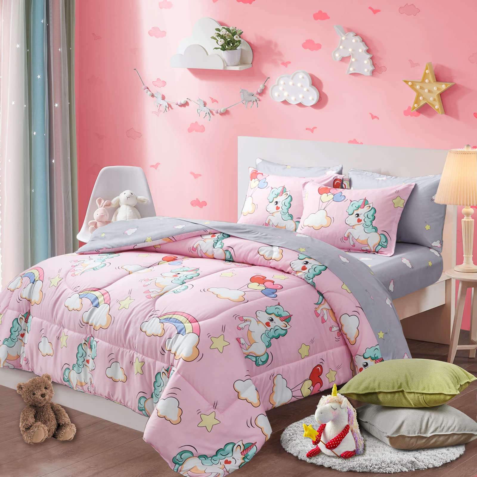 BEDDING Kids Girls Bed in a Bag 7 Pieces Queen Size Unicorn
