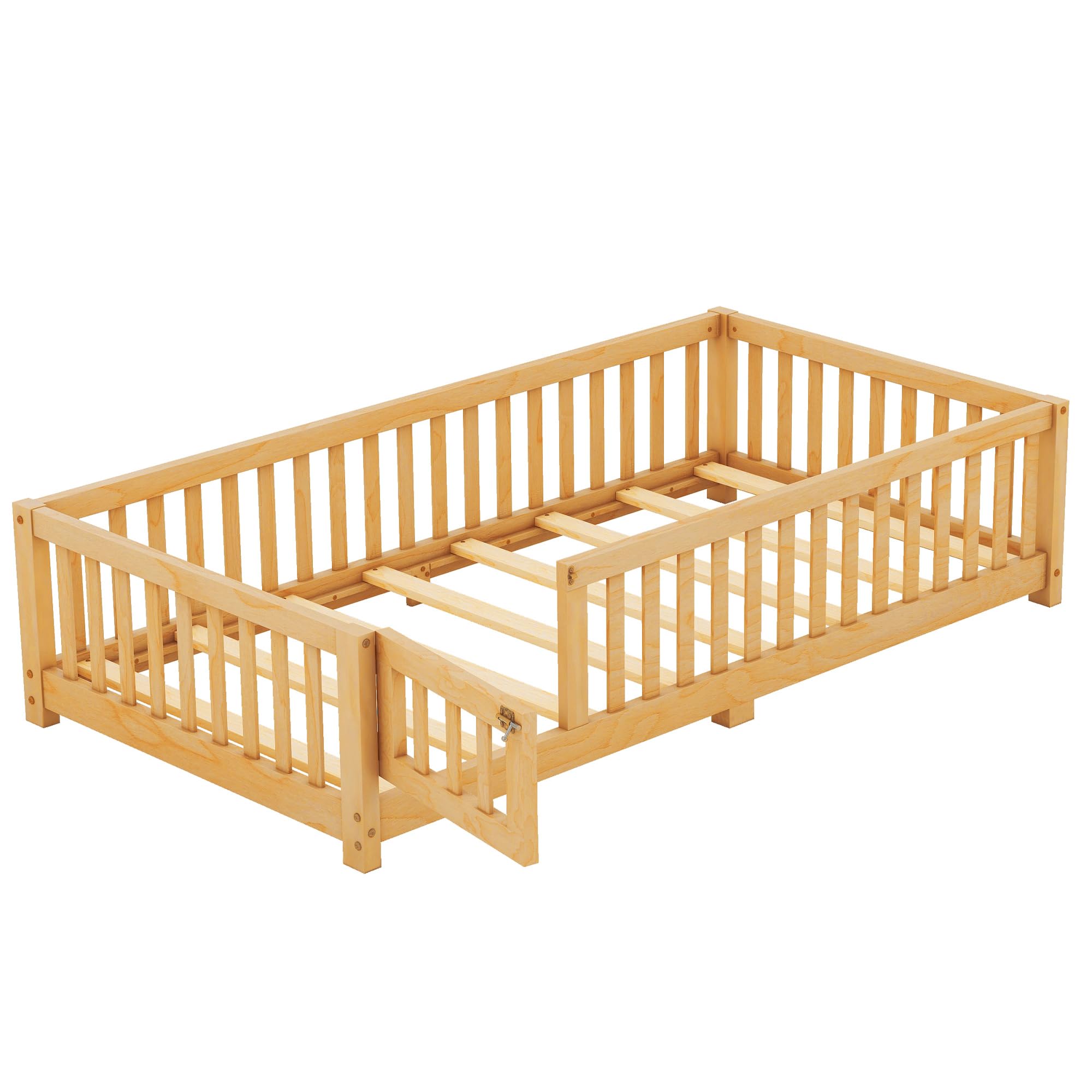 Twin Floor Bed with Slats and Door, Twin Size Montessori Floor Bed with Fence