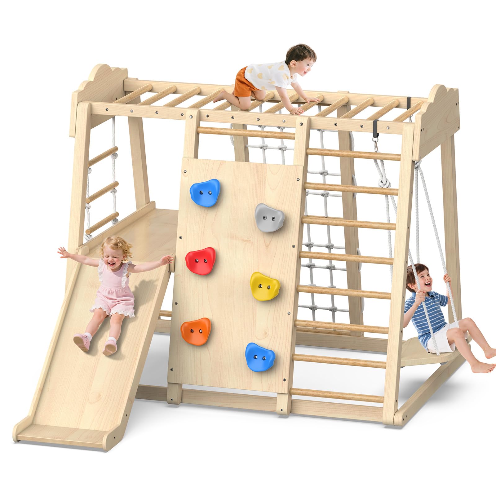 8-in-1 Wooden Indoor Jungle Gym with Swing and Slide