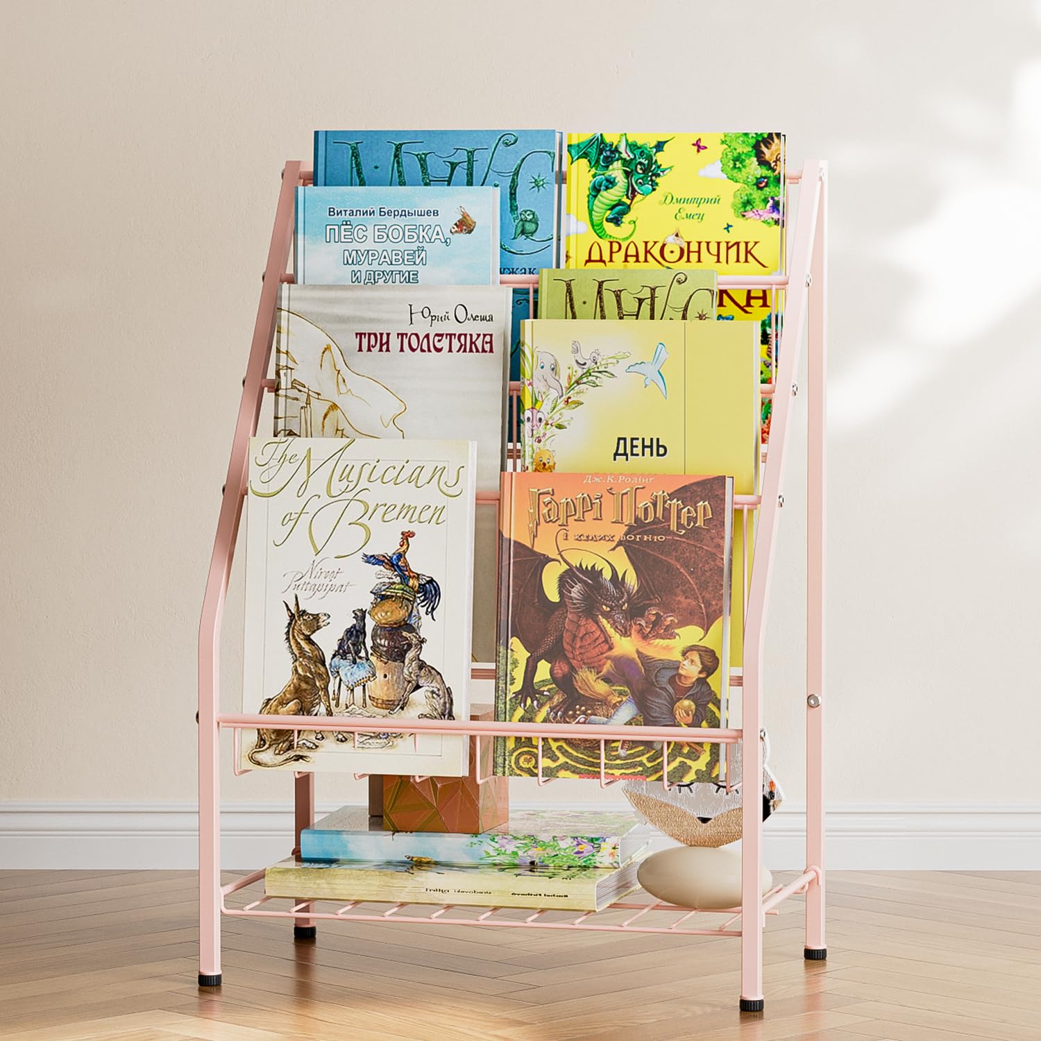 Bookshelf, 4-Tier Metal Child Bookshelves Rack with Toy Storage