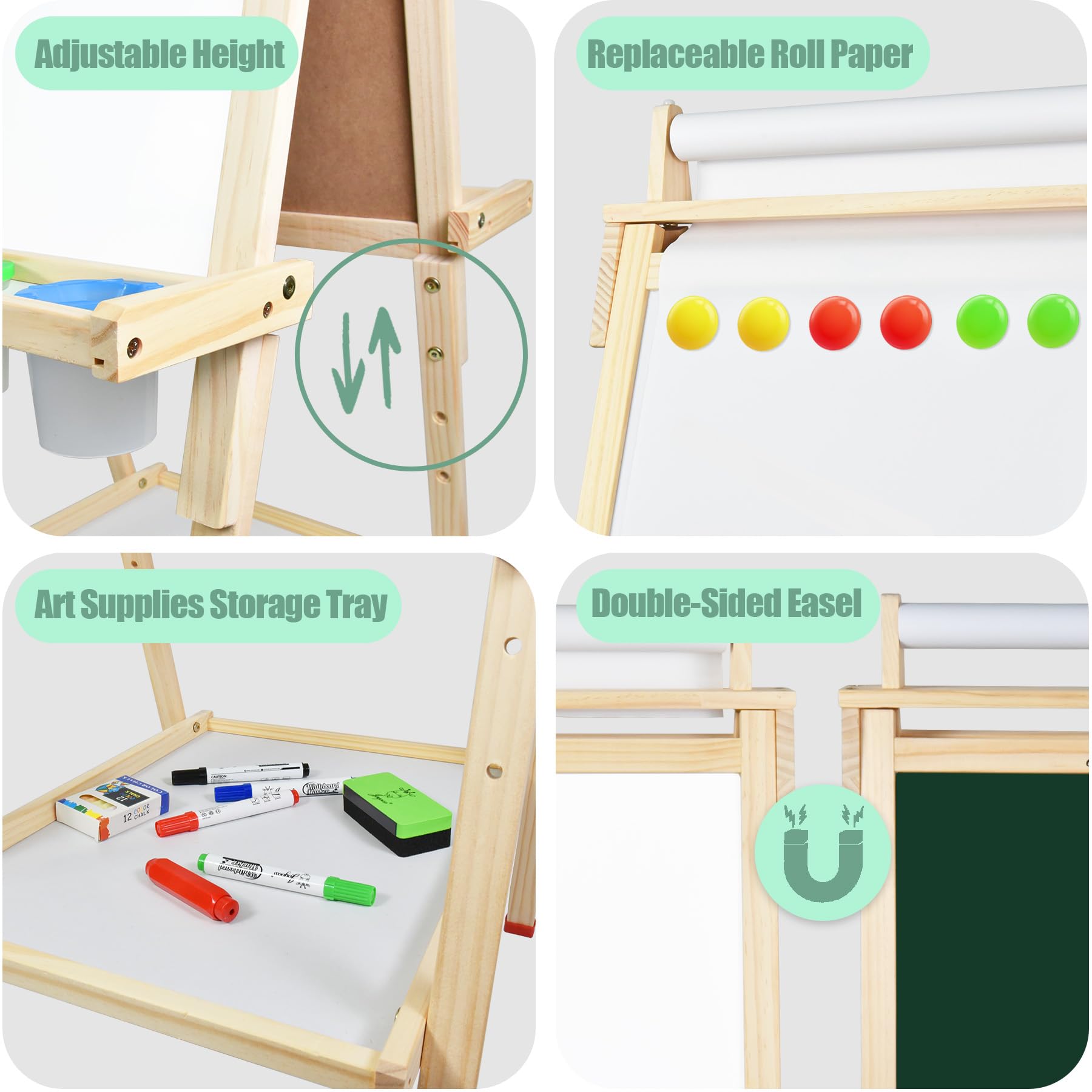 Joyooss Art Easel for Kids with Double-Sided Magnetic, Wooden Standing Kids Easel with Dry Erase Whiteboard & Chalkboard, Height Adjustable Children Easel with Paper Roll, Bonus Toddler Art Supplies