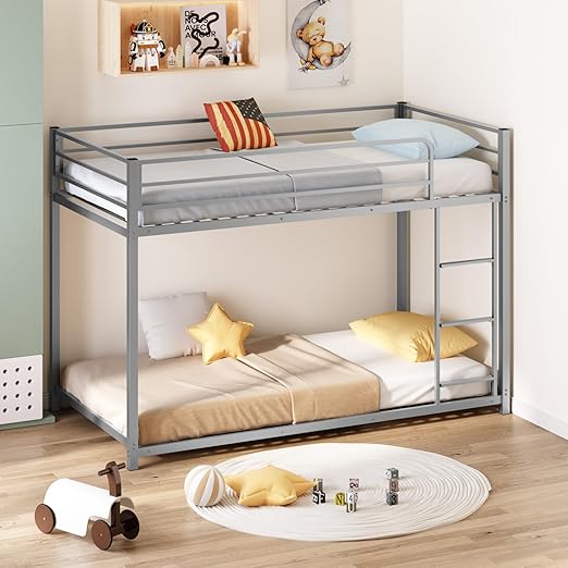 Bunk Bed Twin Over Twin, Metal Twin Size Bed Frame with Safety Guardraild