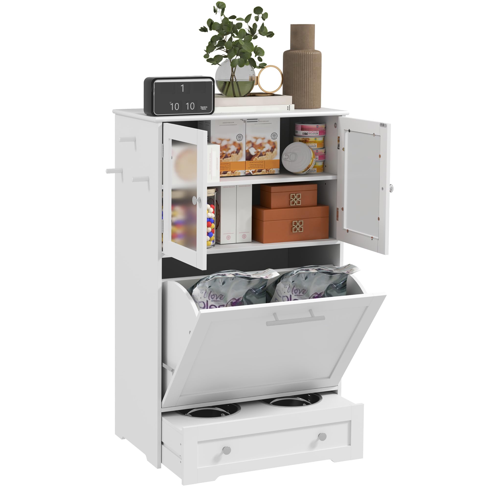 Dog Feeding Station with 2 Storage Cabinets, Pet Feeding Station with 2 Elevated Dog Bowls