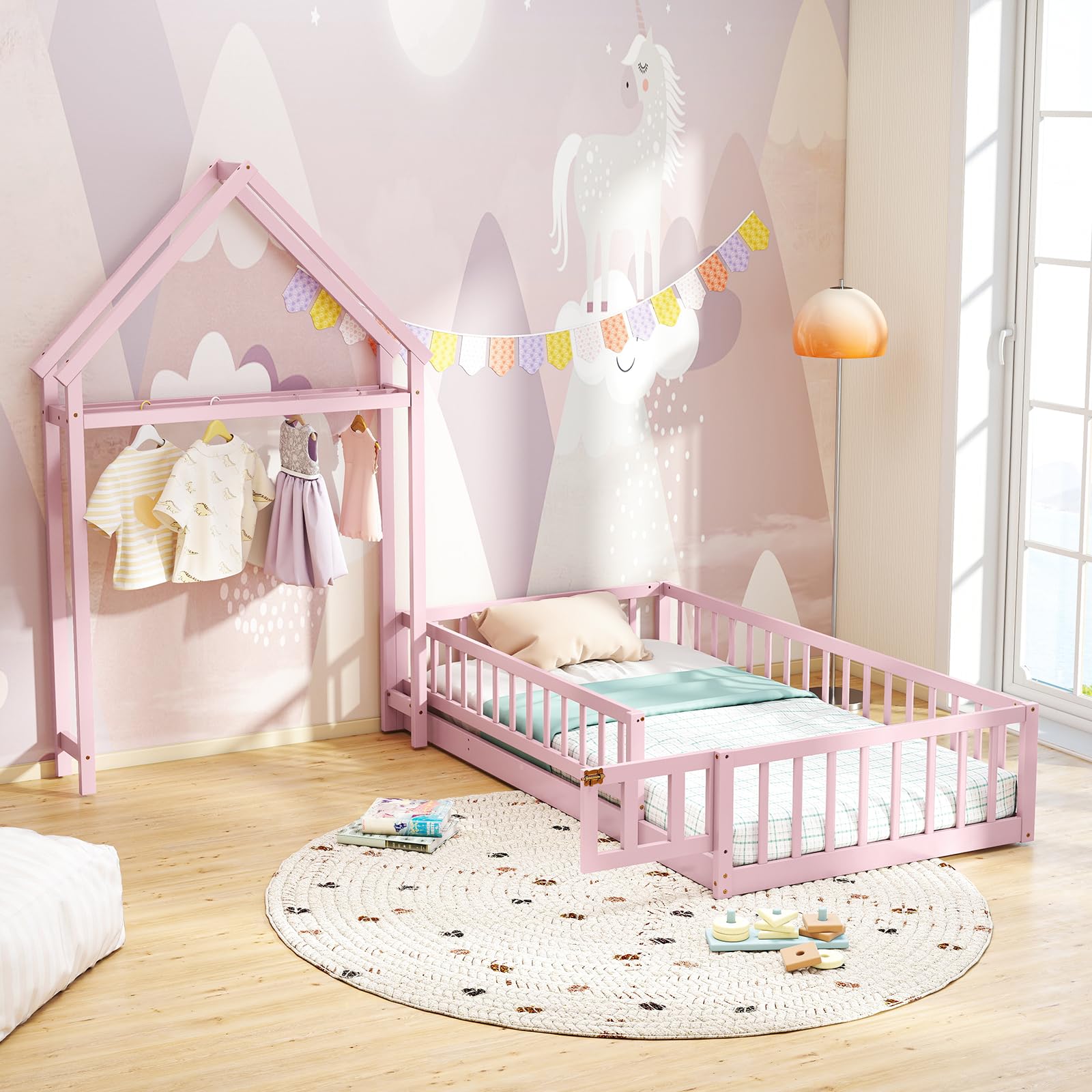 Twin House Floor Bed for Kids with Safety Rails