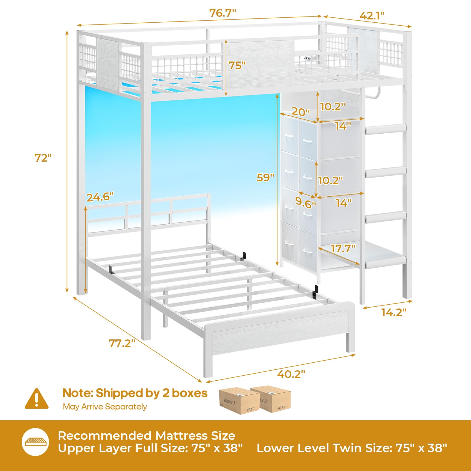 Twin Over Twin Bunk Bed with Storage Drawers and LED Lights